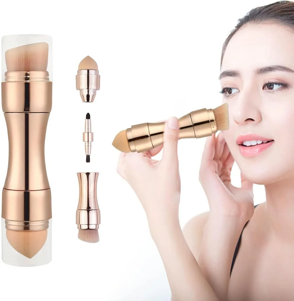 ست براش آرایشی SKINPLUS، ست براش مسافرتی 4 در 1، کیت براش مینی قابل حمل شامل براش کرم پودر، براش صورت، براش لب و براش کانسیلر، طلایی