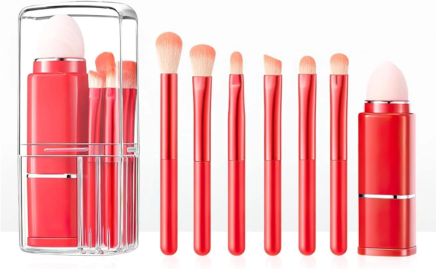 SKINPLUS 8 PCS Makeup Brush Set, 8 in 1 Portable Brush Set, Small Multifunctional Cosmetic Brushes with Portable Case (Red)