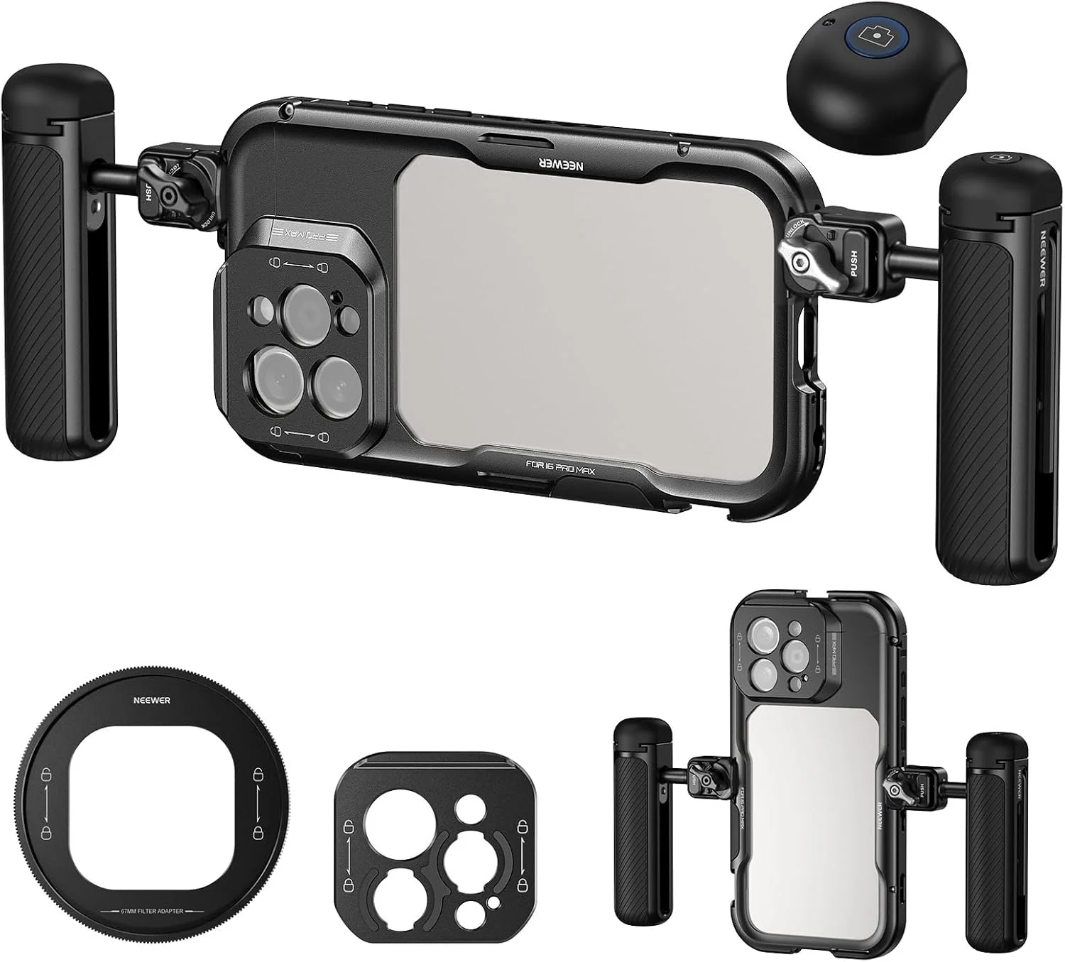 کیت قفس فیلمبرداری گوشی NEEWER 16 Pro Max با دو دسته جانبی رهاسازی سریع، به همراه آداپتور فیلتر 67 میلیمتری، مانت لنز 17 میلیمتری و آداپتور لنز T Mount سازگار با آیفون 16 Pro Max (PA074+PA045E+PA045B) کیت قفس فیلمبرداری گوشی NEEWER 16 Pro Max با دو دسته جانبی رهاسازی سریع، به همراه آداپتور فیلتر 67 میلیمتری، مانت لنز 17 میلیمتری و آداپتور لنز T Mount سازگار با آیفون 16 Pro Max (PA074+PA045E+PA045B)