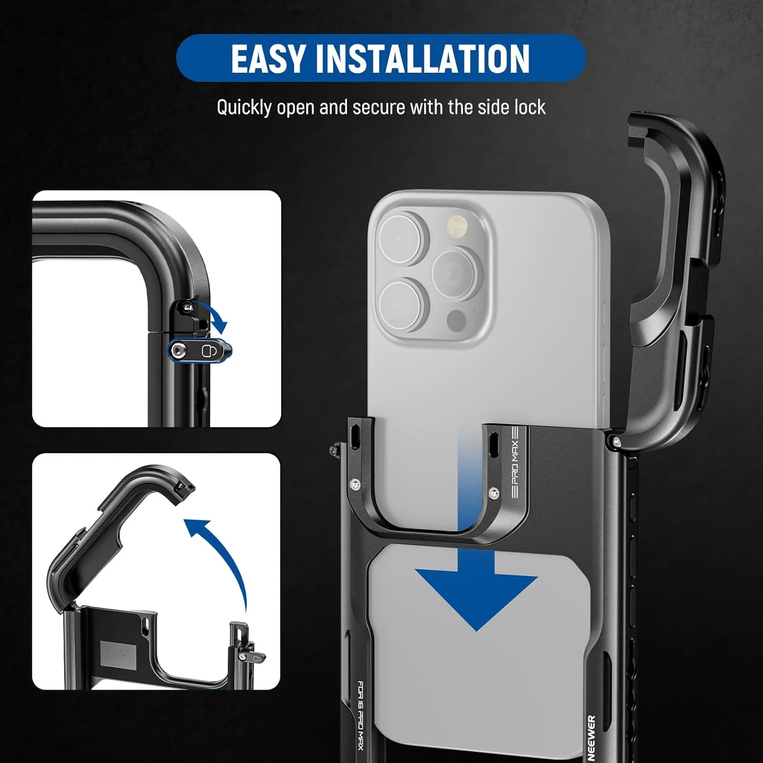 کیت قفس فیلمبرداری گوشی NEEWER 16 Pro Max با دو دسته جانبی رهاسازی سریع، به همراه آداپتور فیلتر 67 میلیمتری، مانت لنز 17 میلیمتری و آداپتور لنز T Mount سازگار با آیفون 16 Pro Max (PA074+PA045E+PA045B) کیت قفس فیلمبرداری گوشی NEEWER 16 Pro Max با دو دسته جانبی رهاسازی سریع، به همراه آداپتور فیلتر 67 میلیمتری، مانت لنز 17 میلیمتری و آداپتور لنز T Mount سازگار با آیفون 16 Pro Max (PA074+PA045E+PA045B)