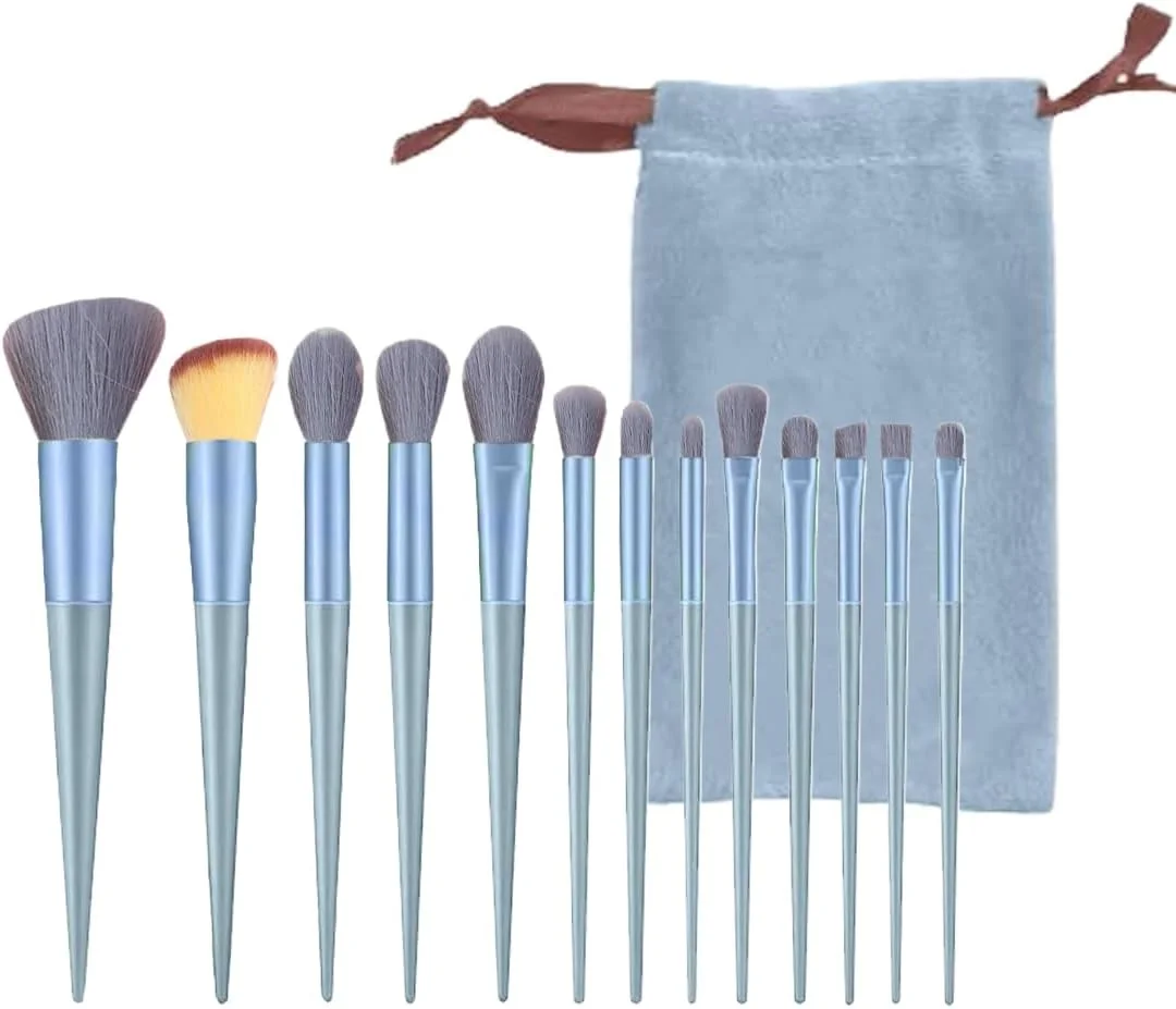 ست ۱۳ عددی برس آرایشی SJBAUTYO، برس های حرفه ای برای کرم پودر، پودر، کرم و مایع، برس های مصنوعی برای کانتور، رژگونه، سایه چشم، کانسیلر و کرم پودر، آبی