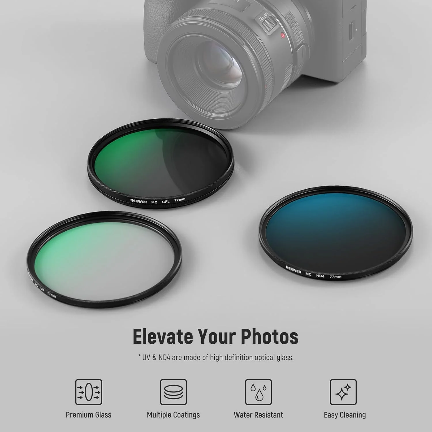 کیت فیلتر لنز NEEWER 77mm UV/CPL/ND با جعبه نگهداری هارد شل، شیشه اپتیکال چند لایه و فریم آلیاژ آلومینیوم، فیلتر UV + پلاریزه دایره ای (CPL) + چگالی خنثی (ND4) برای لنز دوربین 77mm کیت فیلتر لنز NEEWER 77mm UV/CPL/ND با جعبه نگهداری هارد شل، شیشه اپتیکال چند لایه و فریم آلیاژ آلومینیوم، فیلتر UV + پلاریزه دایره ای (CPL) + چگالی خنثی (ND4) برای لنز دوربین 77mm