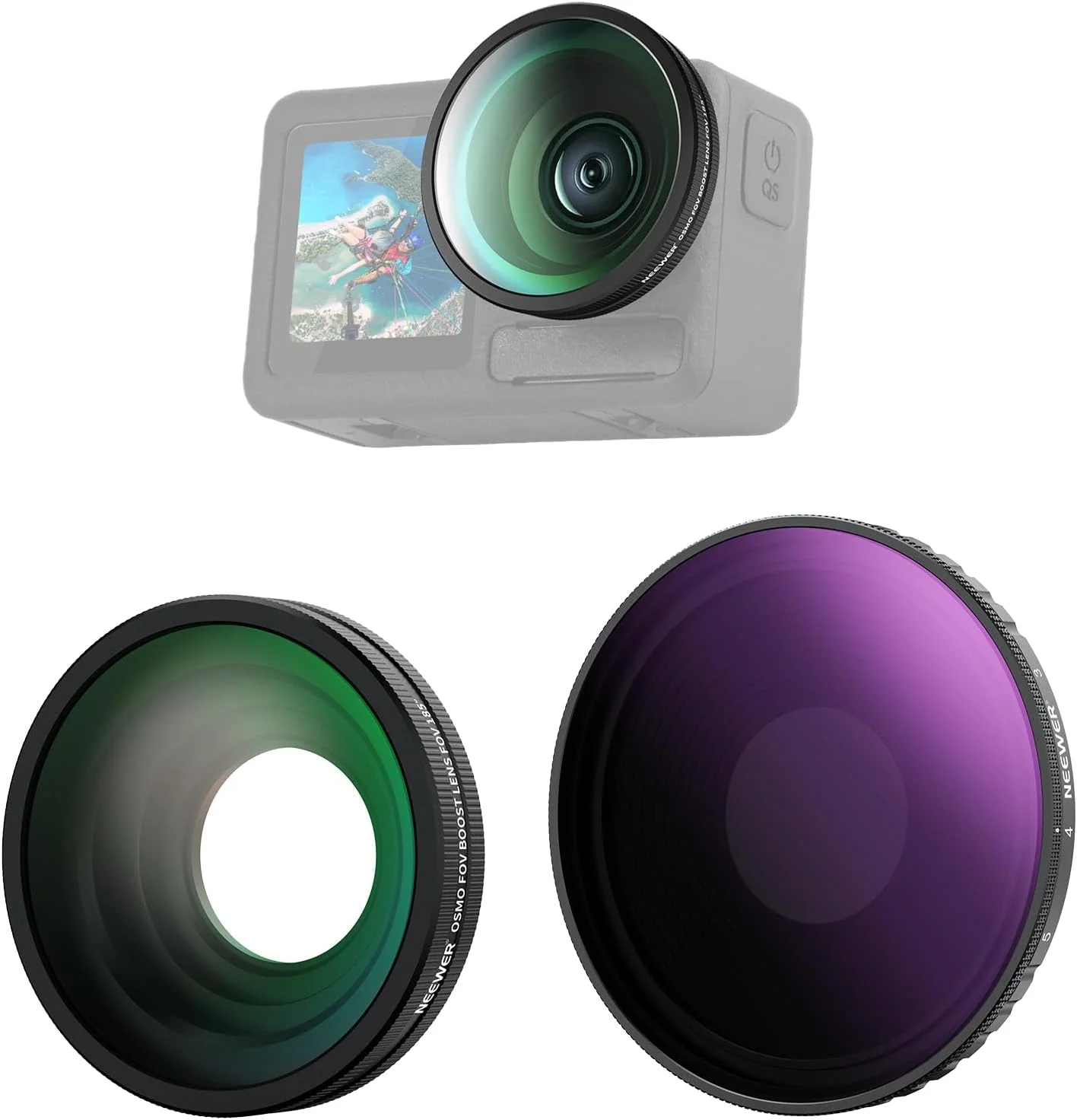 کیت لنز فیلتر ND متغیر NEEWER سازگار با DJI Osmo Action 5 Pro/4، لنز شیشه ای اپتیکال HD چند لایه ND8-32 (3-5 استاپ) + لوازم جانبی دوربین اکشن لنز زاویه باز 185 درجه FOV، مدل FL-54 کیت لنز فیلتر ND متغیر NEEWER سازگار با DJI Osmo Action 5 Pro/4، لنز شیشه ای اپتیکال HD چند لایه ND8-32 (3-5 استاپ) + لوازم جانبی دوربین اکشن لنز زاویه باز 185 درجه FOV، مدل FL-54