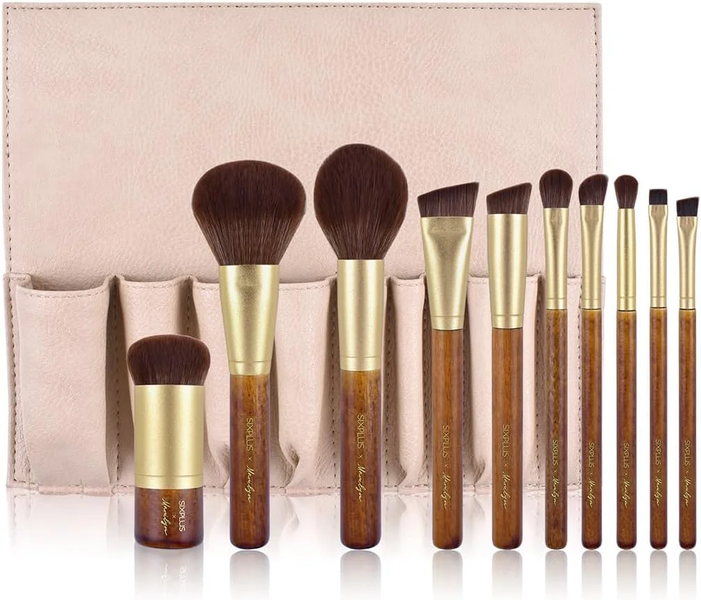 ست برس آرایشی 10 تکه سیکس پلاس X مریلین، طلایی قهوه ای، برس آرایش حرفه ای دو طرفه برای کرم پودر، رژگونه، پودر، سایه چشم، رژگونه، ابرو، لب، بهترین کیت هدیه