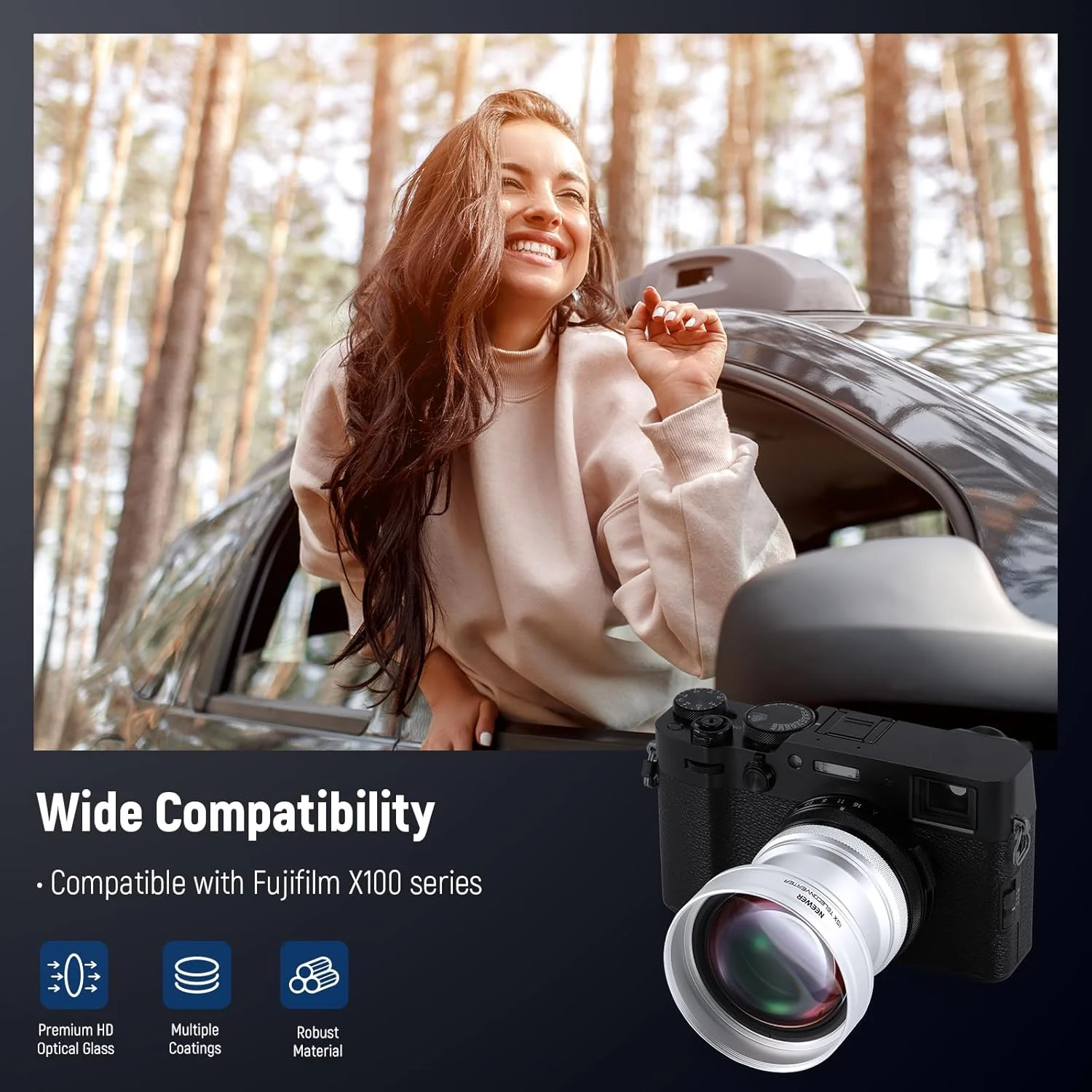 Neewer 49mm 1.5X Teleconverter Additional Lens, Compatible with Fujifilm X100 X100S X100F X100T X100V X100VI Cameras, HD Optical Glass, Multi Coated, Silver, LS-61 Neewer 49mm 1.5X Teleconverter Additional Lens, Compatible with Fujifilm X100 X100S X100F X100T X100V X100VI Cameras, HD Optical Glass, Multi Coated, Silver, LS-61