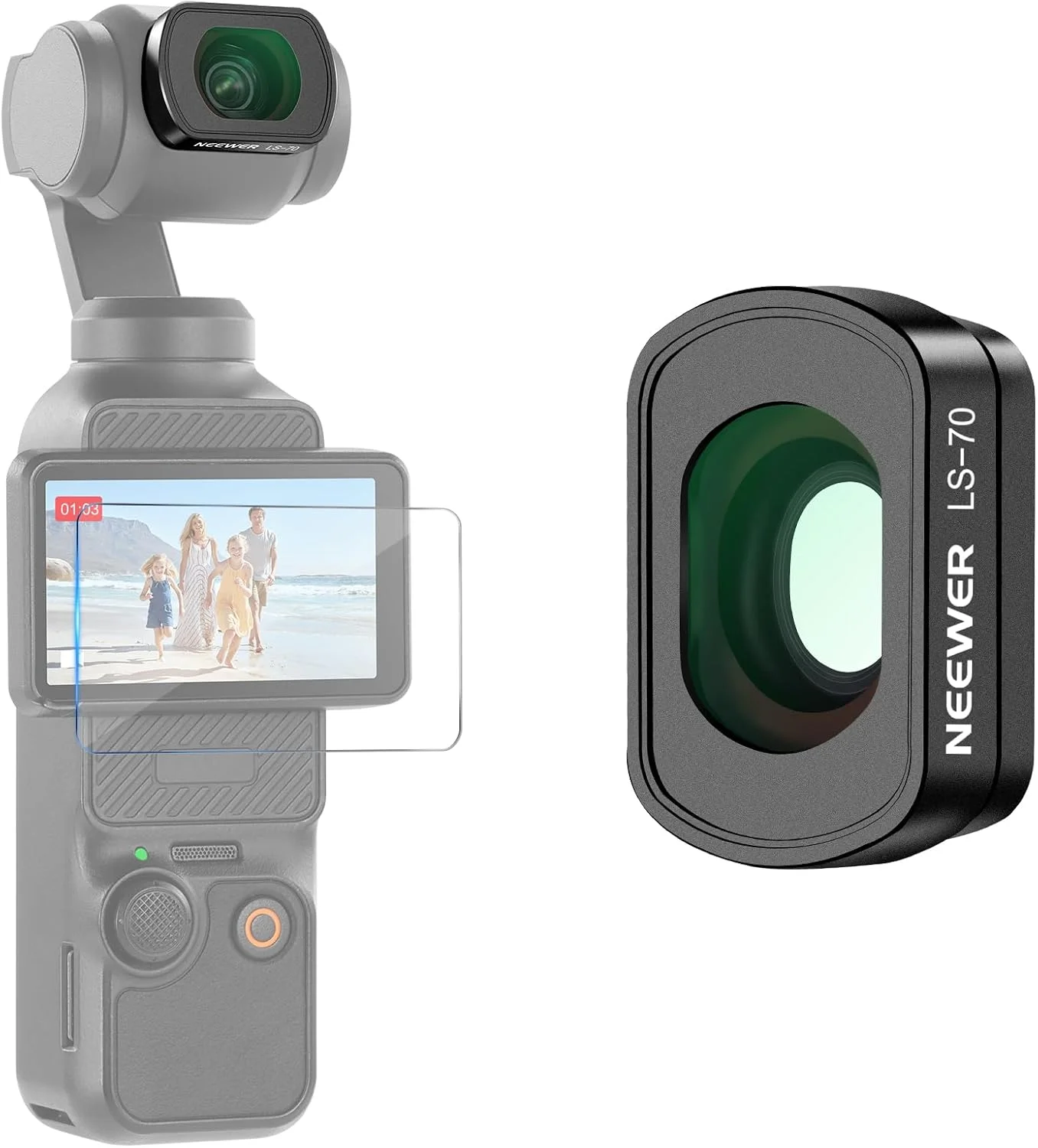 لنز زاویه باز 0.72X FOV 112° نیوِر سازگار با لوازم جانبی DJI Osmo Pocket 3 Creator Combo، لنز آسفریک دوربین اکشن مغناطیسی چند لایه با قاب فلزی، 1 محافظ صفحه نمایش، LS-70