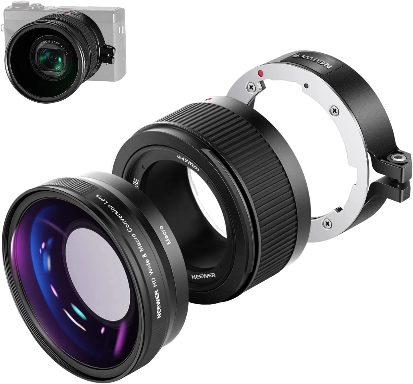 لنز زاویه باز NEEWER سازگار با دوربین Canon G7X Mark III، لنز اضافی 2 در 1 با زاویه باز 18 میلی‌متری HD و ماکرو 10x با لوله توسعه، آداپتور لنز با پایه سرنیزه‌ای، پارچه تمیزکننده