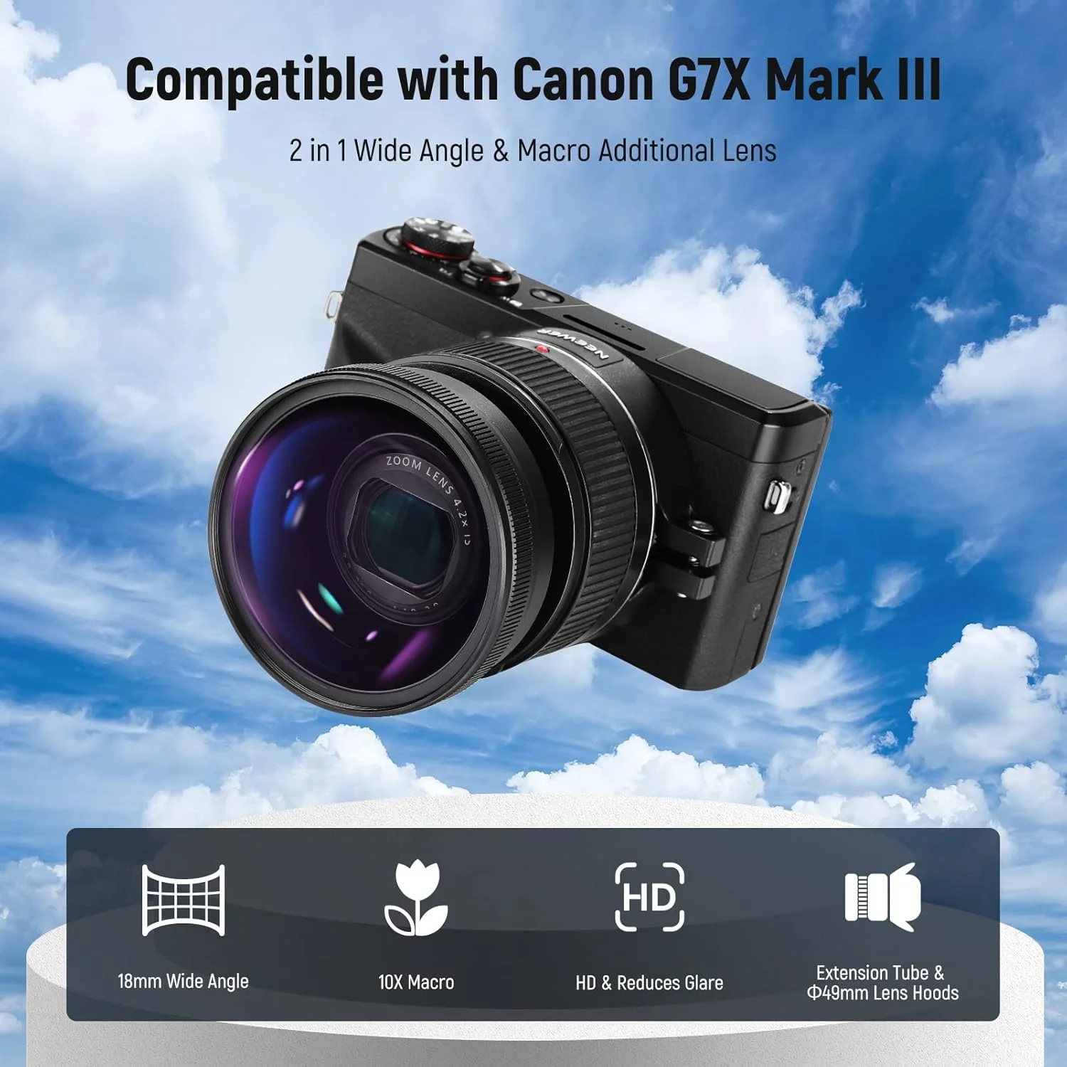 لنز زاویه باز NEEWER سازگار با دوربین Canon G7X Mark III، لنز اضافی 2 در 1 با زاویه باز 18 میلی‌متری HD و ماکرو 10x با لوله توسعه، آداپتور لنز با پایه سرنیزه‌ای، پارچه تمیزکننده