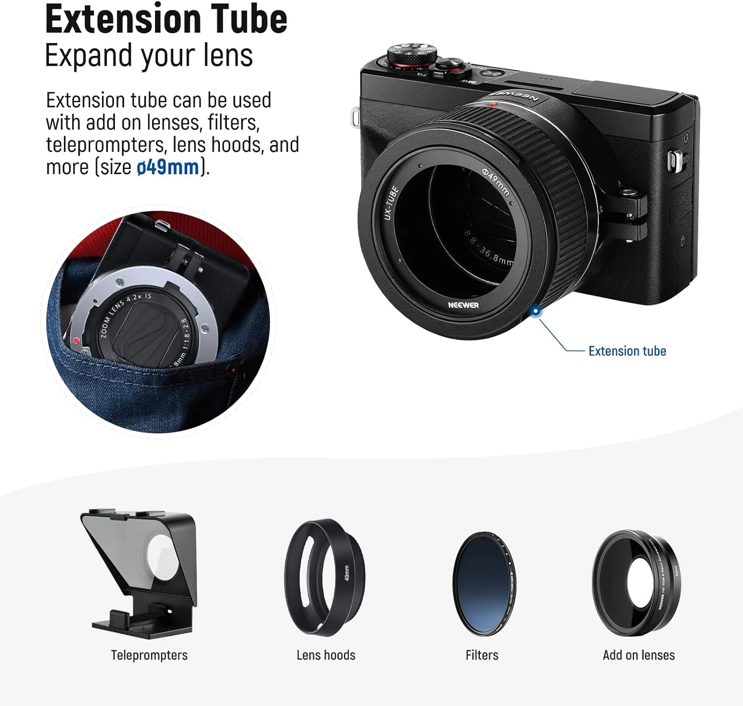 لنز زاویه باز NEEWER سازگار با دوربین Canon G7X Mark III، لنز اضافی 2 در 1 با زاویه باز 18 میلی‌متری HD و ماکرو 10x با لوله توسعه، آداپتور لنز با پایه سرنیزه‌ای، پارچه تمیزکننده