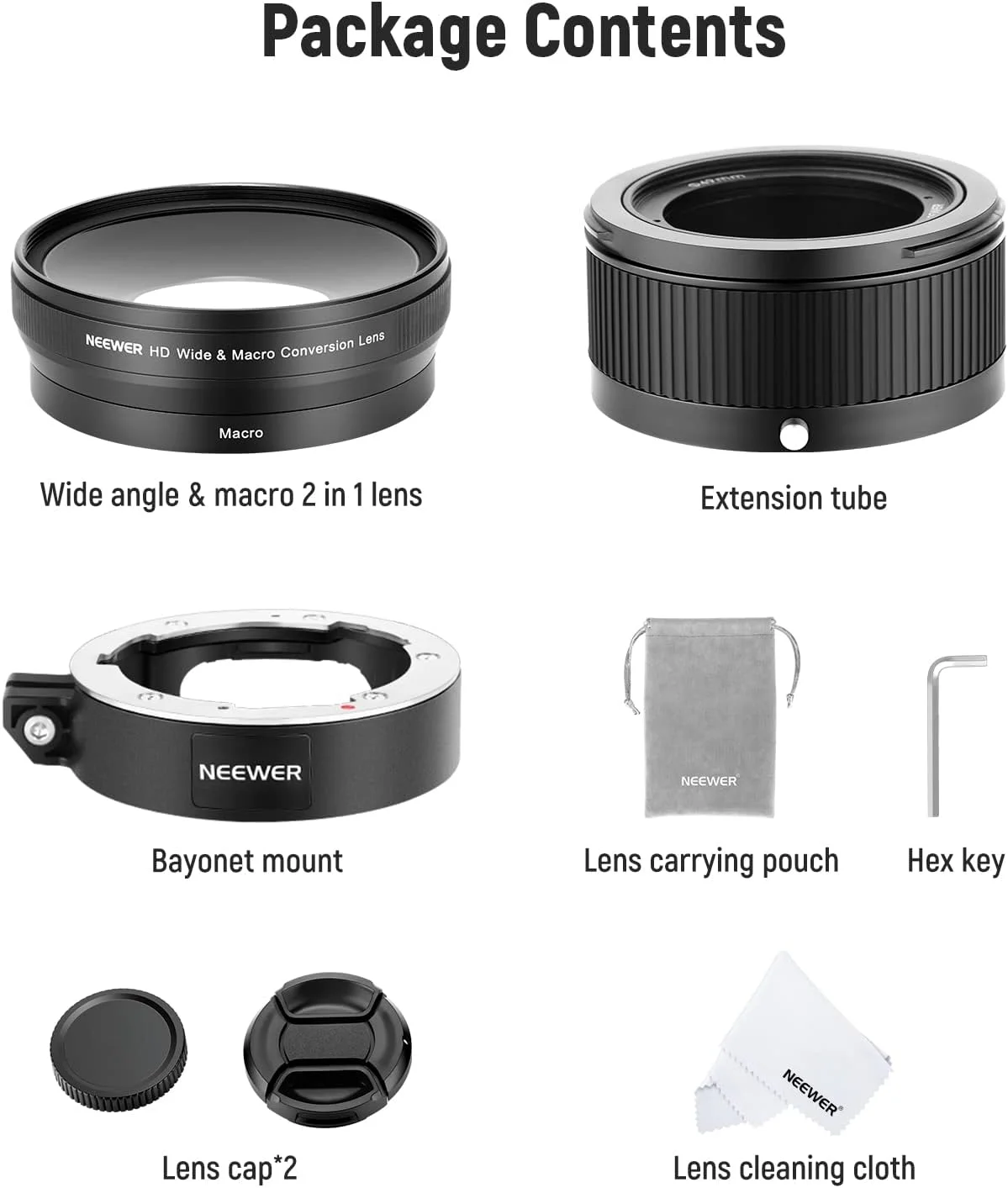 لنز زاویه باز NEEWER سازگار با دوربین Canon G7X Mark III، لنز اضافی 2 در 1 با زاویه باز 18 میلی‌متری HD و ماکرو 10x با لوله توسعه، آداپتور لنز با پایه سرنیزه‌ای، پارچه تمیزکننده