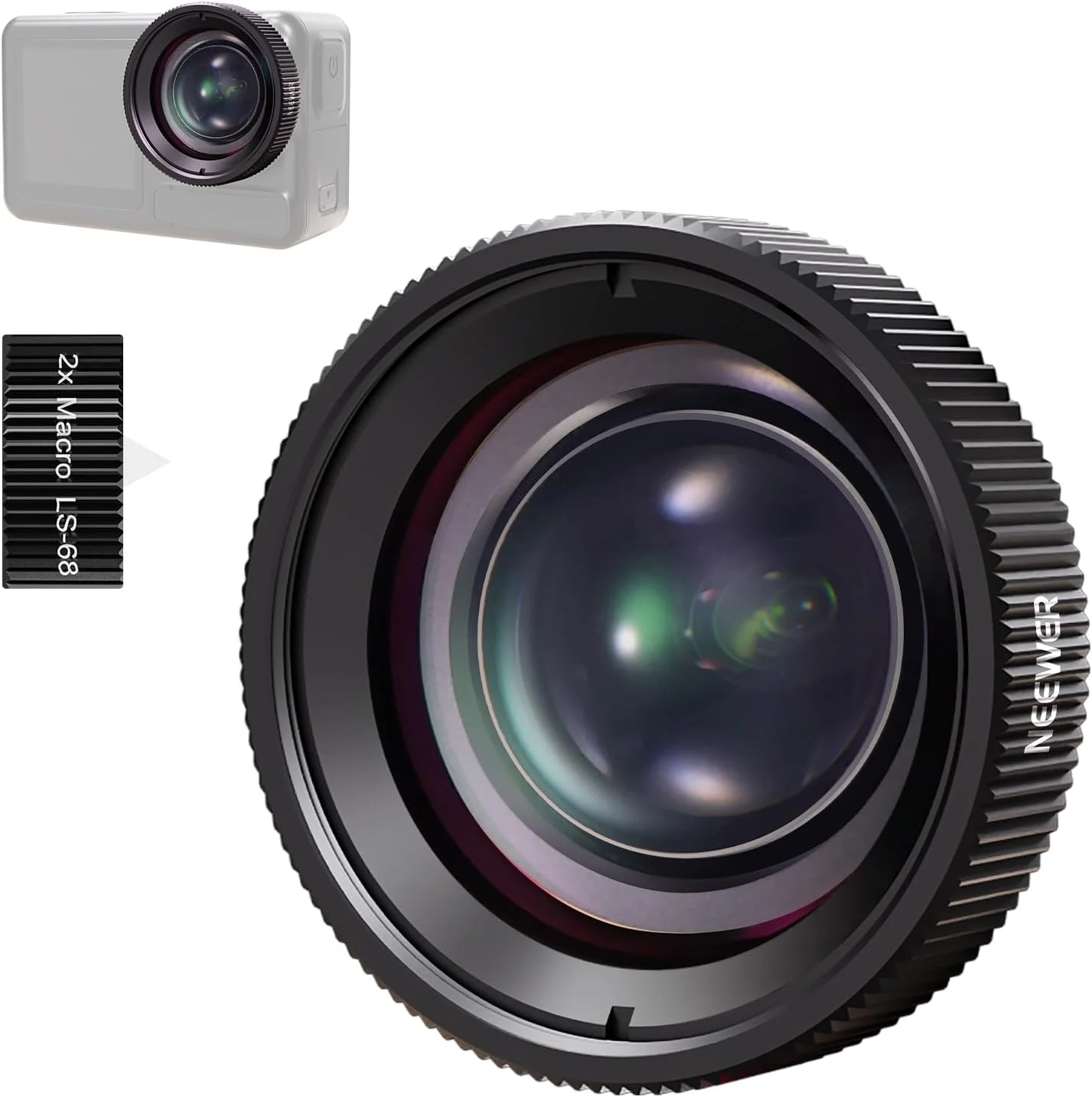 لنز ماکرو NEEWER سازگار با دوربین DJI Osmo Action 5 Pro/4 Action، بزرگنمایی 2 برابر، 2 عنصر در 1 گروه، فاصله کانونی 3-4 سانتی متر، لوازم جانبی عکاسی از نمای نزدیک، غیر ضد آب، LS-68