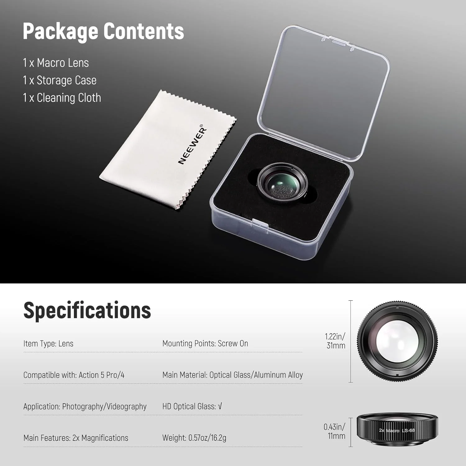 لنز ماکرو NEEWER سازگار با دوربین DJI Osmo Action 5 Pro/4 Action، بزرگنمایی 2 برابر، 2 عنصر در 1 گروه، فاصله کانونی 3-4 سانتی متر، لوازم جانبی عکاسی از نمای نزدیک، غیر ضد آب، LS-68 لنز ماکرو NEEWER سازگار با دوربین DJI Osmo Action 5 Pro/4 Action، بزرگنمایی 2 برابر، 2 عنصر در 1 گروه، فاصله کانونی 3-4 سانتی متر، لوازم جانبی عکاسی از نمای نزدیک، غیر ضد آب، LS-68