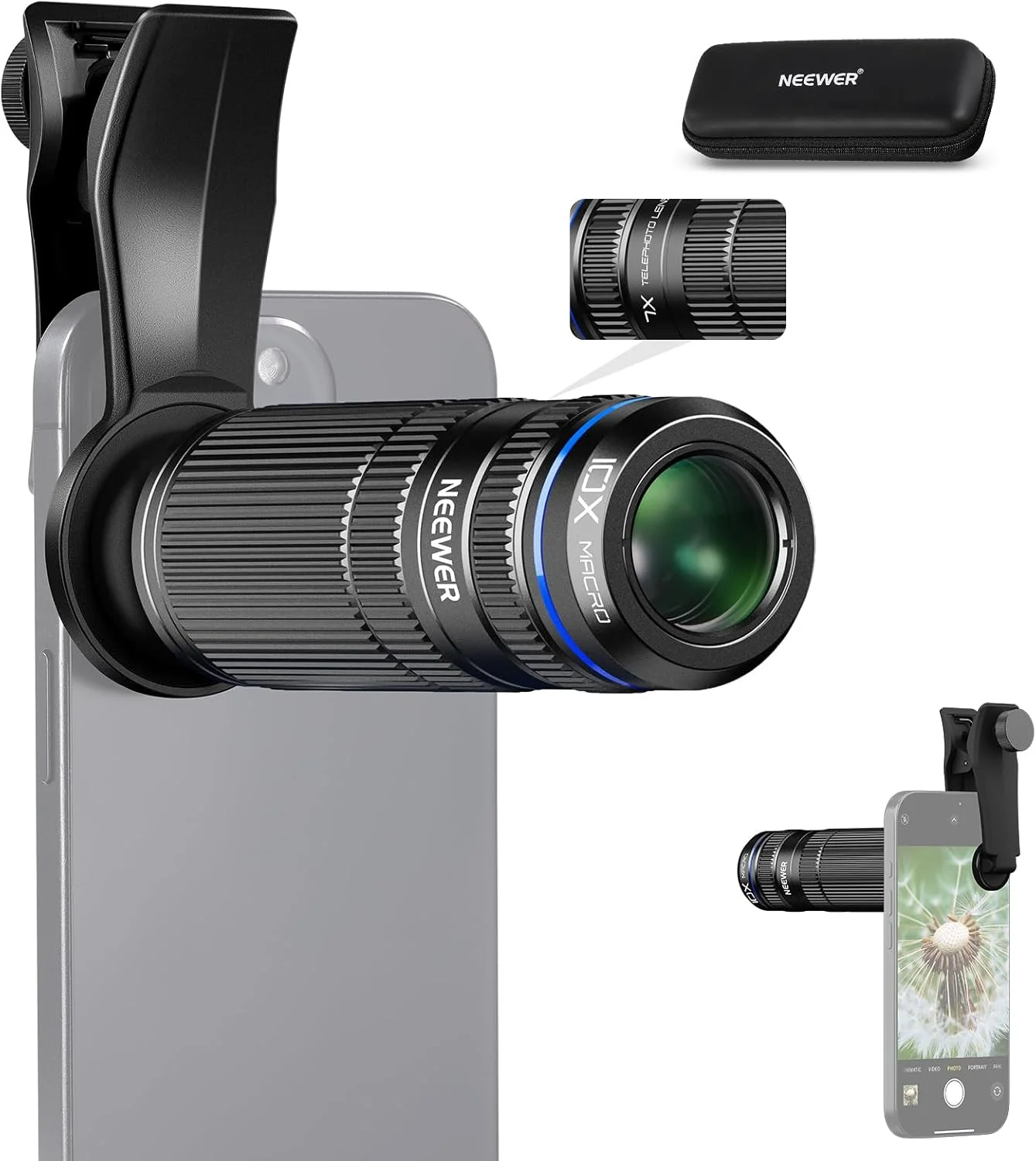 NEEWER 7X Telephoto Lens with Phone Camera Lens Clip, Detachable 10X Macro for 17mm Threaded Backplate/Phone Cage/Case Compatible with iPhone Samsung, LS-36 Ultra