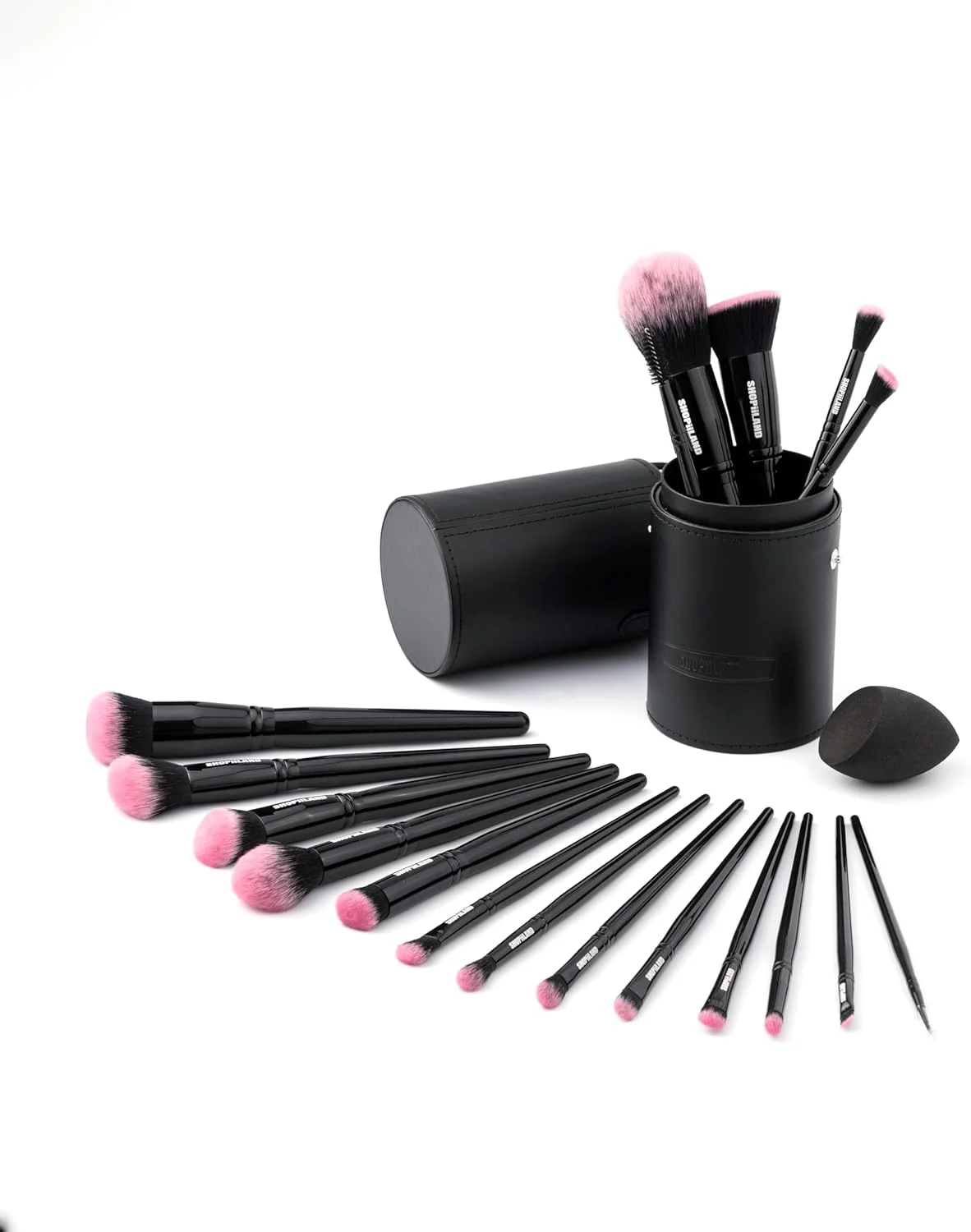 ست برس آرایشی ۱۸ تکه مشکی-صورتی SHOPiiLAND با کیف – موهای نرم مصنوعی، وگان و بدون تست حیوانی، ایده آل برای مایع، پودر، کرم و برنزر. شامل برس های کابوکی، بلندینگ، رژگونه و سایه چشم