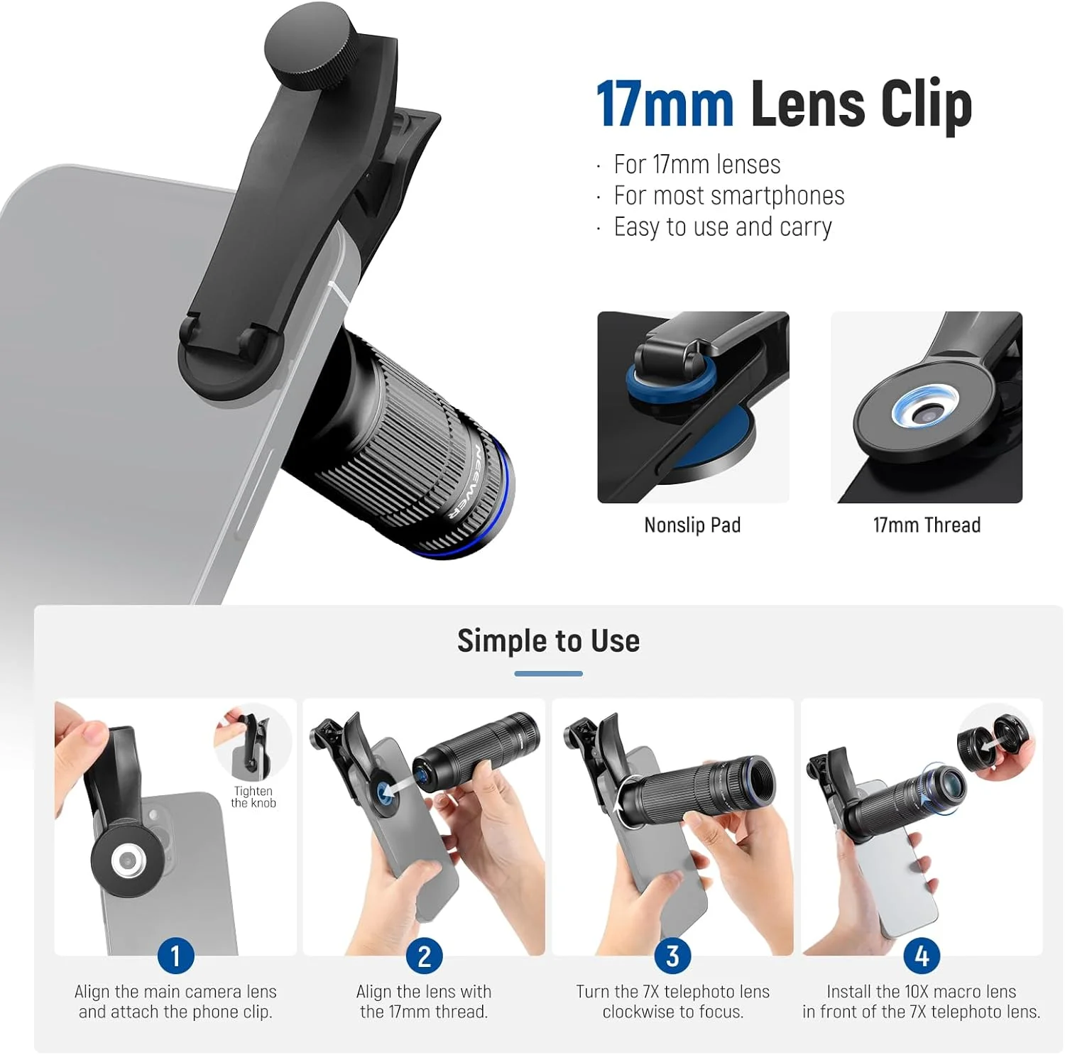 NEEWER 7X Telephoto Lens with Phone Camera Lens Clip, Detachable 10X Macro for 17mm Threaded Backplate/Phone Cage/Case Compatible with iPhone Samsung, LS-36 Ultra NEEWER 7X Telephoto Lens with Phone Camera Lens Clip, Detachable 10X Macro for 17mm Threaded Backplate/Phone Cage/Case Compatible with iPhone Samsung, LS-36 Ultra