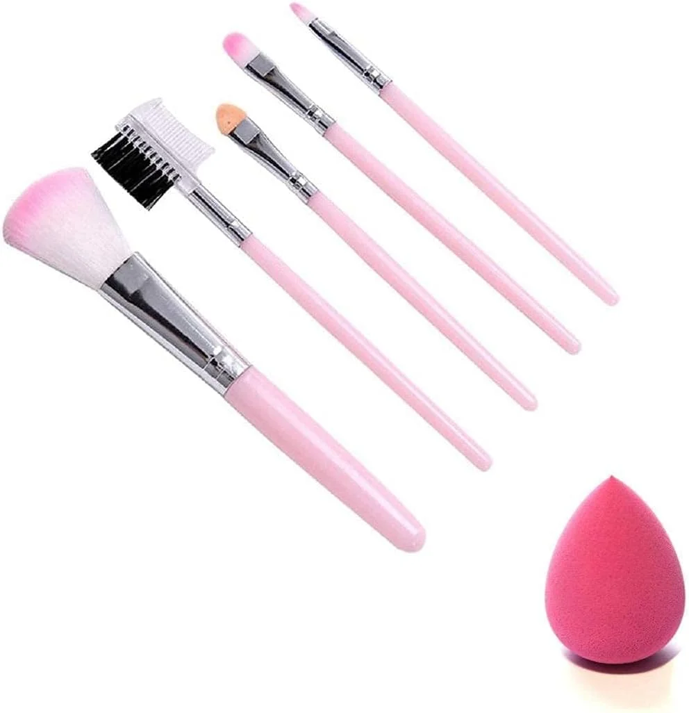 مجموعه براش آرایشی 5 تکه مینی صورتی SHARP BEAUTY AND SKIN CARE به همراه 1 پد اسفنجی آرایشی - (بسته 6 عددی)