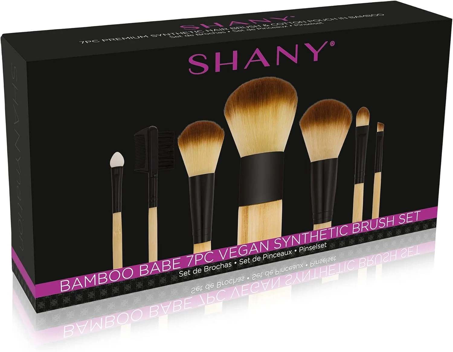 ست برس آرایشی بامبو شنی - برس های آرایشی حرفه ای وگان با موهای مصنوعی ممتاز و کیف نخی برای نگهداری آسان برس - 7 تکه