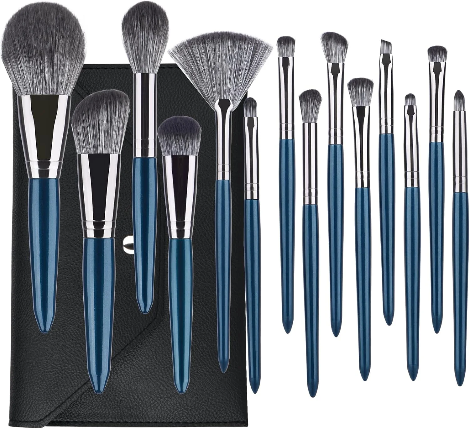 ست برس آرایشی حرفه ای شِلوین، 14 تکه، شامل برس های کرم پودر، سایه چشم، پودر، ترکیب، ابرو، مژه، کابوکی، برس های آرایشی، ست مسافرتی به همراه کیف چرمی