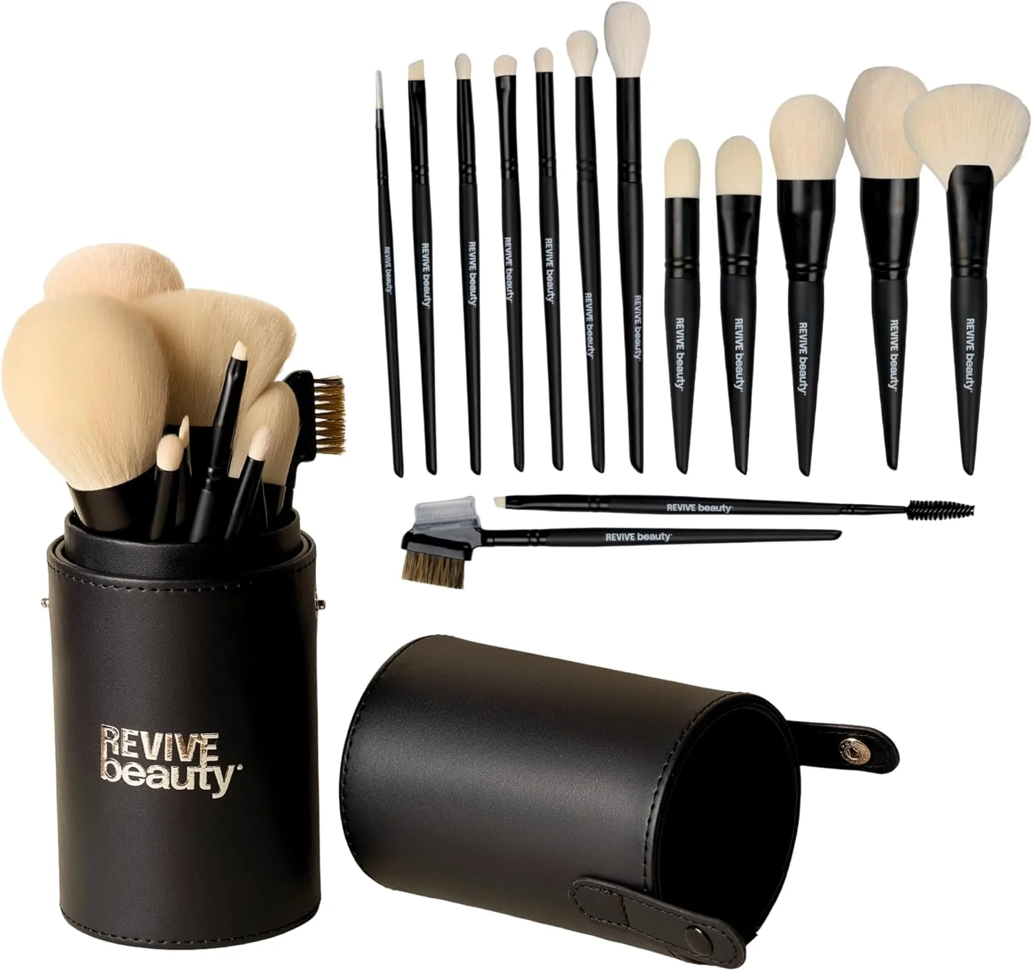 ست براش آرایشی پریمیوم ریوایو بیوتی 14 تکه (شامل 2 براش اشانتیون + کیف مسافرتی) | مجموعا 14 براش حرفه ای برای صورت و چشم – موهای پریمیوم