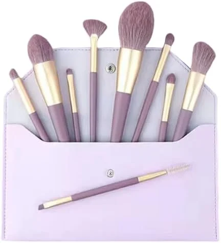 ست برس آرایشی نامزی، ست برس آرایش، ست 9 عددی برس آرایشی مسافرتی، برس های آرایشی برای کرم پودر صورت، رژگونه، سایه چشم با کیف نگهداری (بنفش)