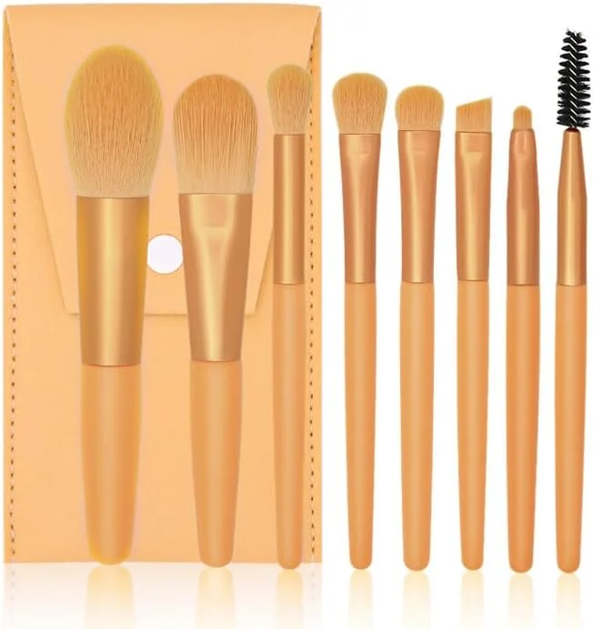 ست برس آرایشی نامزی، ست برس آرایش، ست 8 عددی برس مسافرتی، برس های آرایشی برای کرم پودر صورت، رژگونه، سایه چشم به همراه کیف نگهداری (نارنجی)