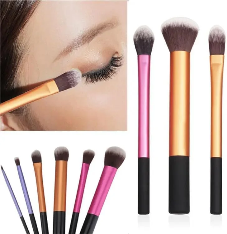 ست براش آرایشی 6 تکه نانسی عجرم X ریل تکنیک، موی مصنوعی مشکی رنگارنگ لوکس، براش ابرو و لب، ست براش آرایشی طلایی وگان با لوله بلند تکی