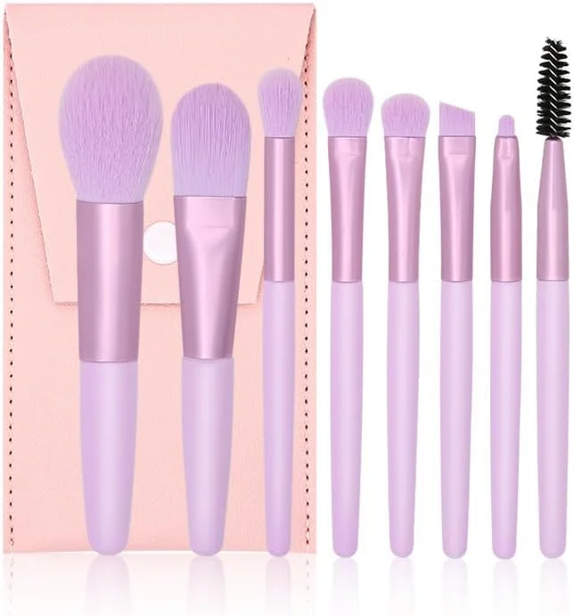 ست برس آرایشی نامزی، ست برس آرایش، کیت برس آرایشی مسافرتی 8 تکه، برس های آرایشی برای کرم پودر صورت، رژگونه، سایه چشم با کیف نگهداری (بنفش)