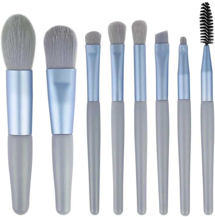 ست برس آرایشی نامزی، ست برس آرایشی مینی، ست 8 عددی برس مسافرتی، برس های آرایشی برای کرم پودر صورت، رژگونه، سایه چشم (آبی)