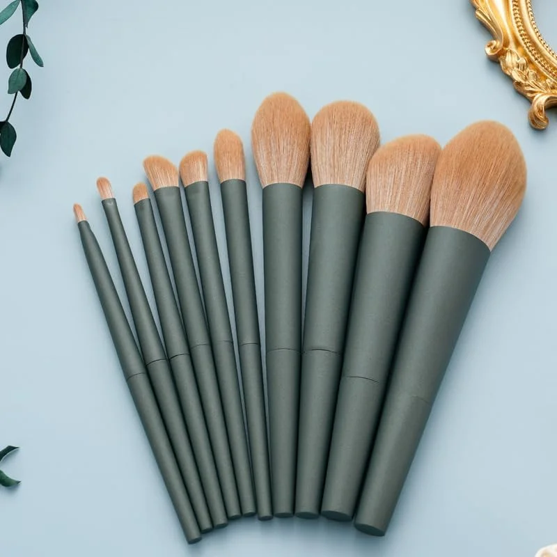 ست برس آرایشی نامزی، ست برس آرایش، ست 10 عددی برس مسافرتی، برس های آرایشی برای کرم پودر صورت، رژگونه، سایه چشم (سبز)