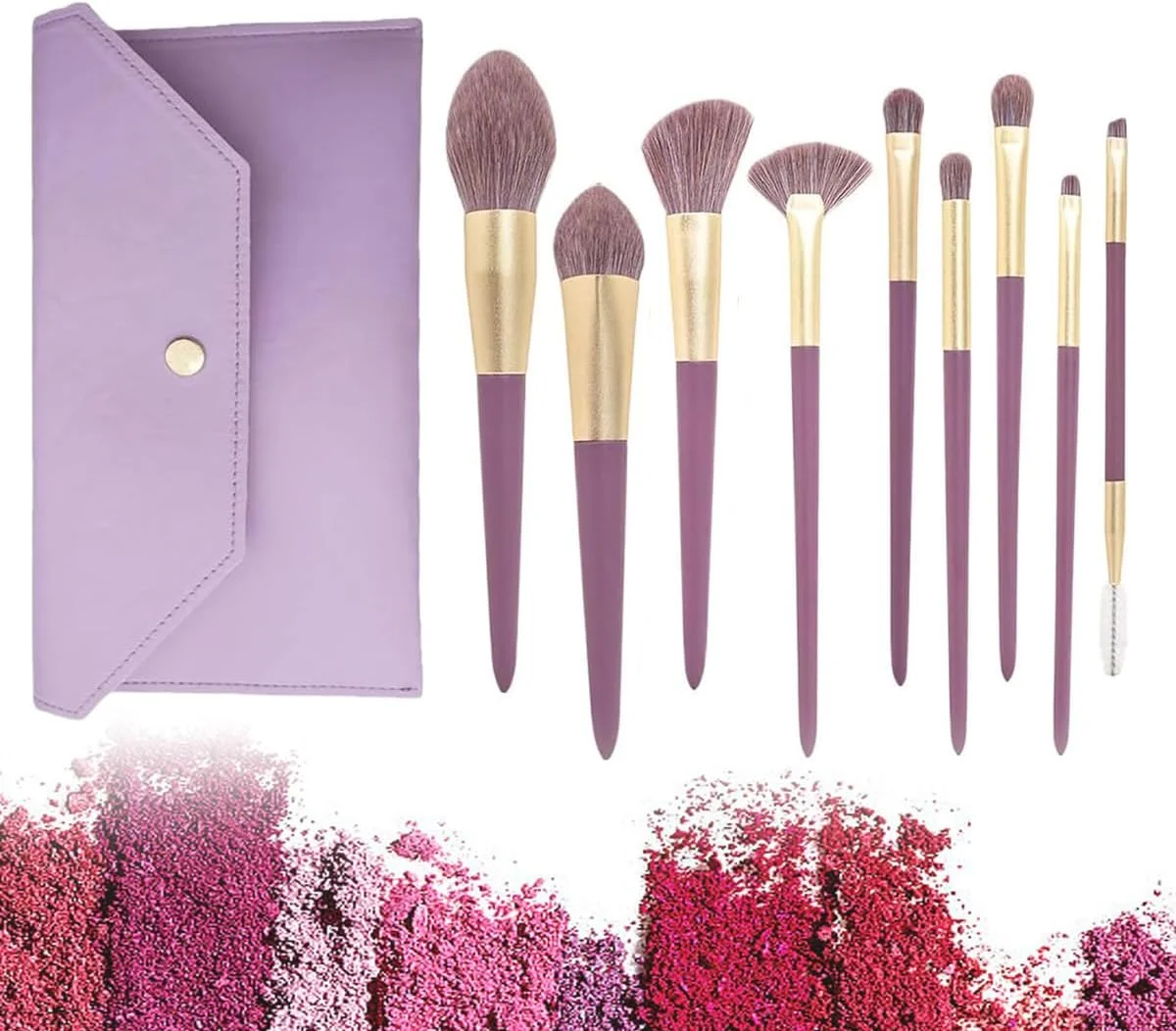 ست برس آرایشی نالاینا، ست برس آرایشی ممتاز شامل برس های کرم پودر، کانسیلر، سایه چشم، 9 عدد برس، به همراه کیف دکمه دار بنفش