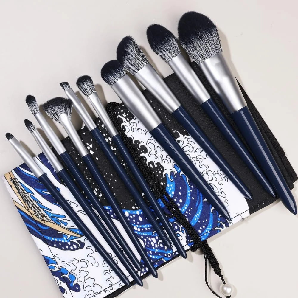 ست برس آرایشی نامزی 10 عددی، برس های ممتاز مصنوعی برای کرم پودر، کانسیلر، سایه چشم، رژگونه، آبی سرمه ای، به همراه کیف نگهداری B