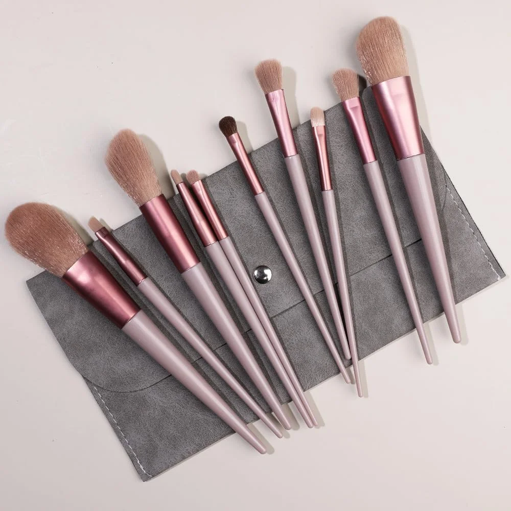 ست برس آرایشی نامزی 10 عددی، برس های ممتاز و مصنوعی برای کرم پودر، کانسیلر، سایه چشم، رژگونه، صورتی، به همراه کیف نگهداری صورتی B