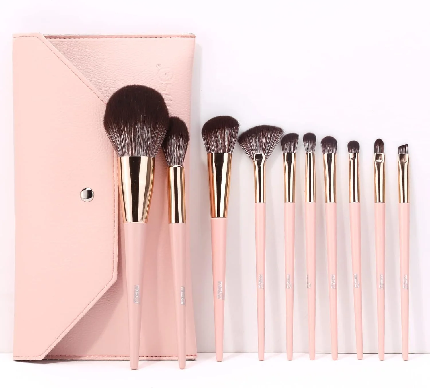 ست برس آرایشی ام اس کیو، 10 تکه، شامل برس کرم پودر، برس ترکیب کننده، برس های پودری با موی مصنوعی، برس بادبزنی، برس های سایه چشم، ست برس چشم به همراه کیف (صورتی)