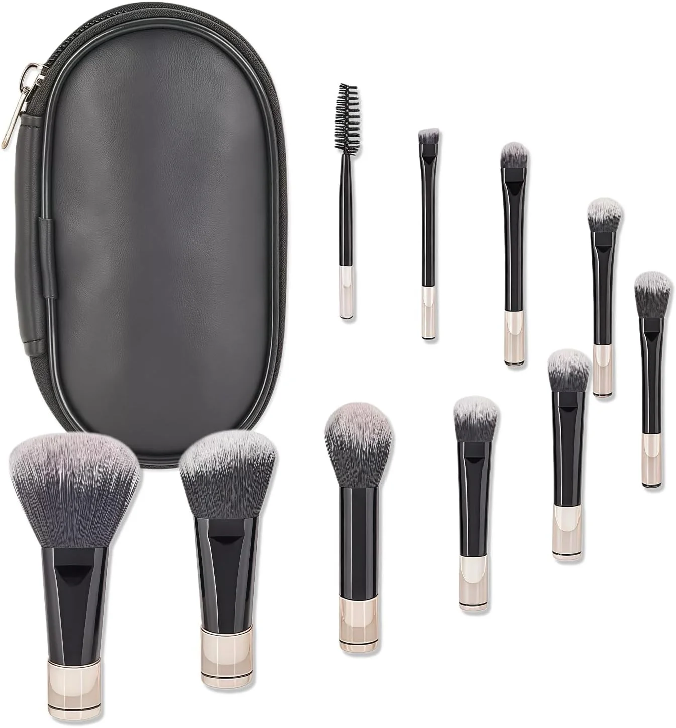 ست برس آرایشی مسافرتی 10 عددی نالینا، برس های آرایشی برای کرم پودر، کانسیلر، سایه چشم، به همراه کیف برس، ابزار آرایشی مسافرتی قابل حمل (مشکی)