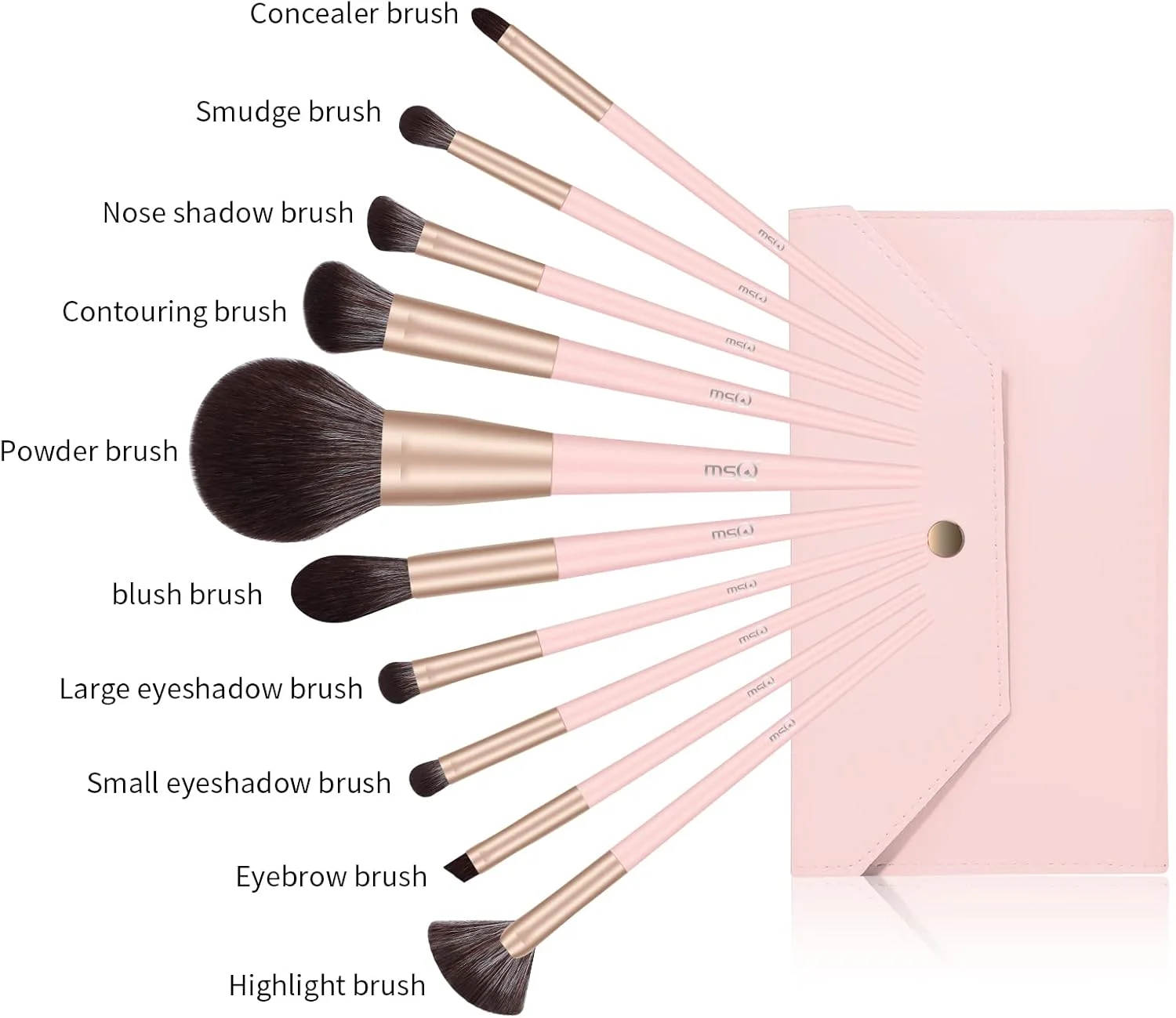 ست برس آرایشی ام اس کیو، 10 تکه، شامل برس کرم پودر، برس ترکیب کننده، برس های پودری با موی مصنوعی، برس بادبزنی، برس های سایه چشم، ست برس چشم به همراه کیف (صورتی)