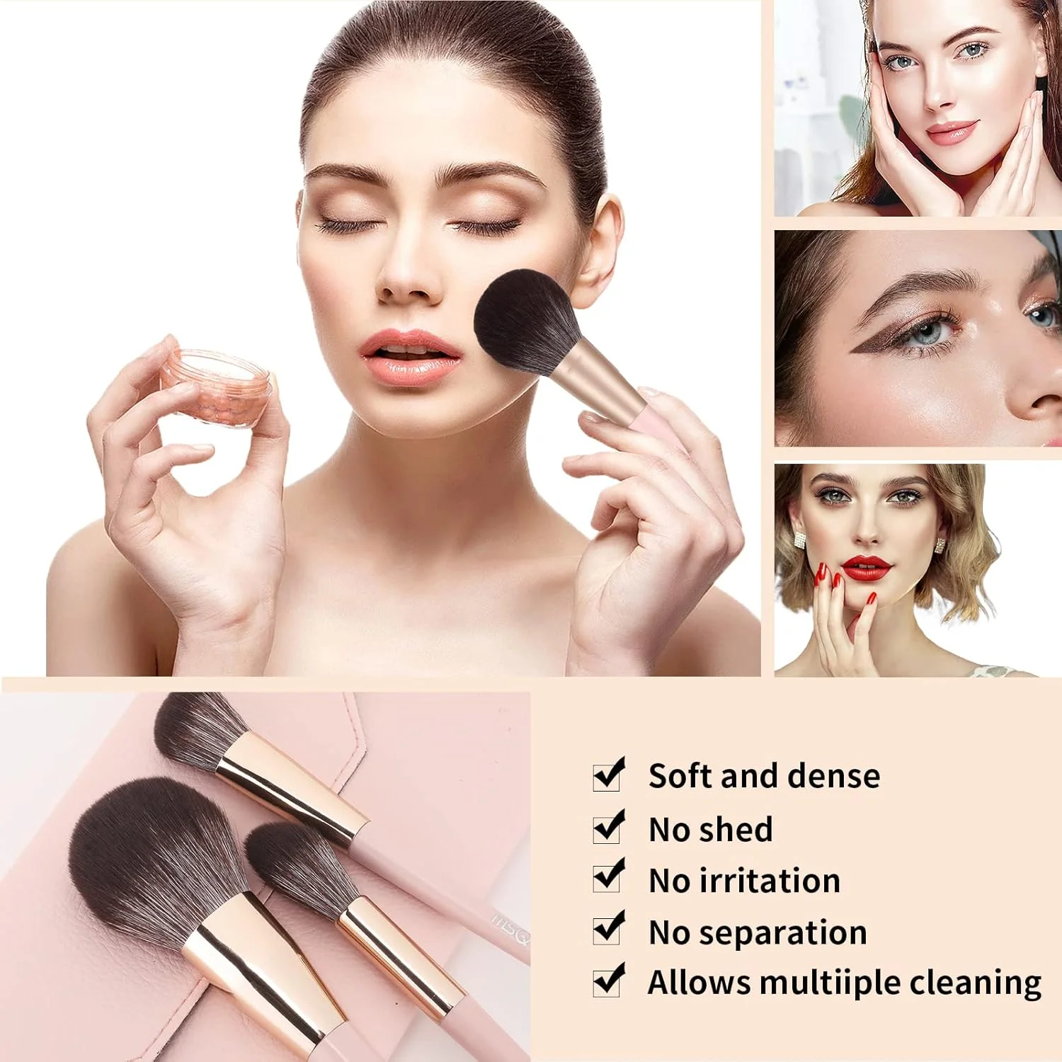 ست برس آرایشی ام اس کیو، 10 تکه، شامل برس کرم پودر، برس ترکیب کننده، برس های پودری با موی مصنوعی، برس بادبزنی، برس های سایه چشم، ست برس چشم به همراه کیف (صورتی)