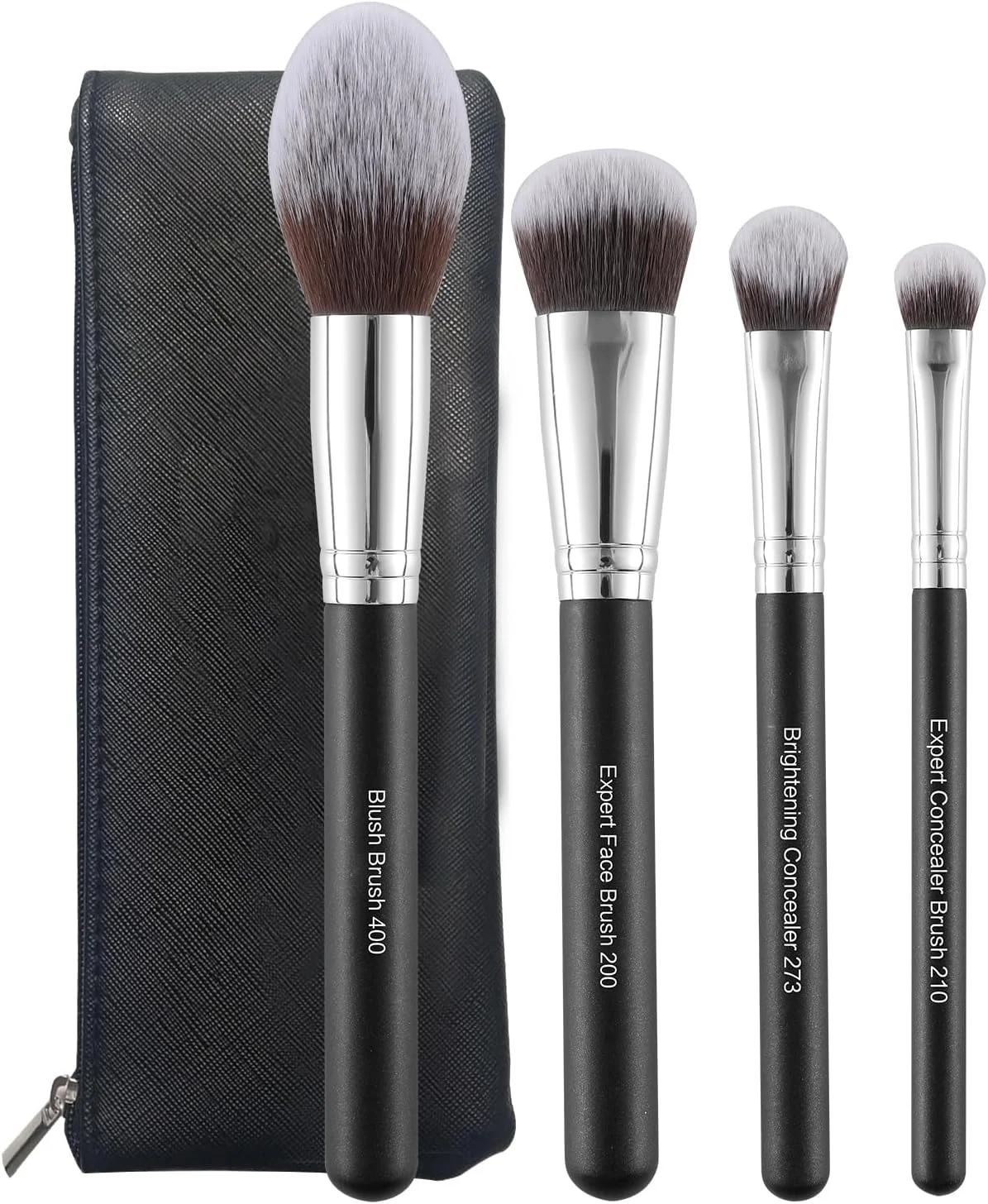 ست برس آرایشی موگیلان 4 تکه، برس های آرایشی حرفه ای برای کرم پودر، رژگونه، سایه چشم و ترکیب کانسیلر زیر چشم - کیت لوازم آرایشی قابل حمل با کیف مسافرتی مشکی برای تجدید آرایش روزانه