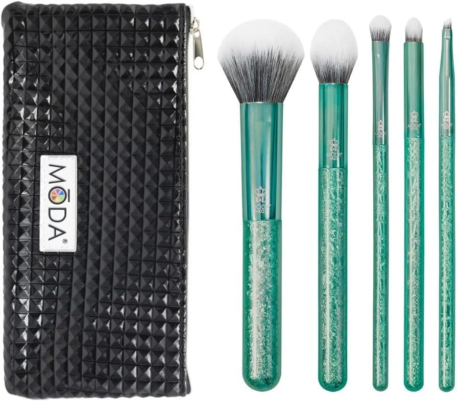 ست کامل 6 تکه برس آرایشی MODA Royal & Langnickel به همراه کیف شامل برس پودر چند منظوره، کانتور، سایه چشم، سایه دودی و خط چشم زاویه دار، زمردی