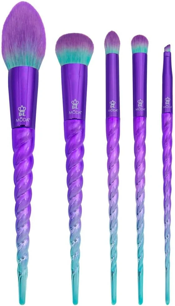 ست برس آرایشی 5 تکه MODA Royal & Langnickel Mythical Wild سایز کامل، شامل برس های رژگونه، کرم پودر، سایه گنبدی، خط چشم زاویه دار و برس چین پلک، بنفش-آبی