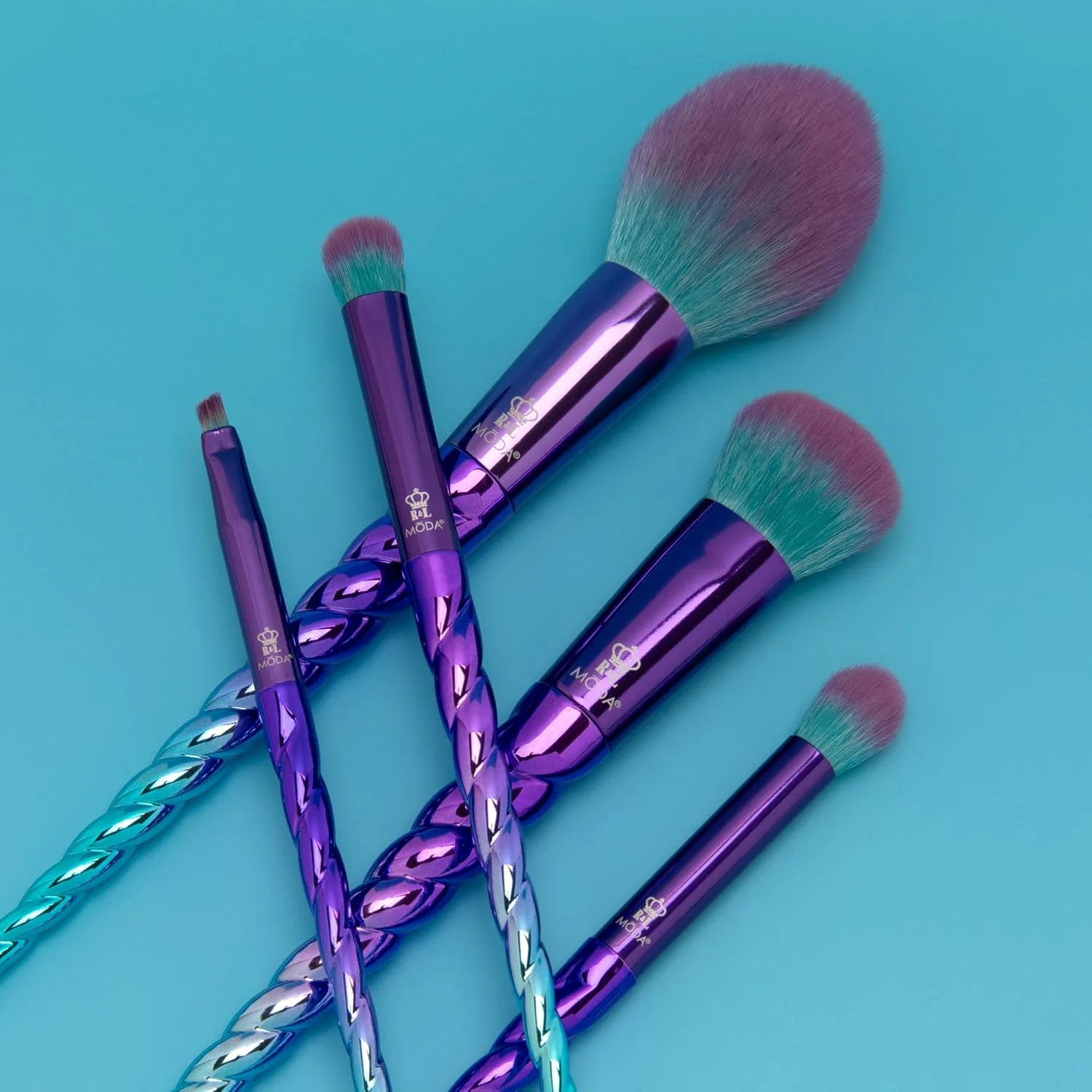 ست برس آرایشی 5 تکه MODA Royal & Langnickel Mythical Wild سایز کامل، شامل برس های رژگونه، کرم پودر، سایه گنبدی، خط چشم زاویه دار و برس چین پلک، بنفش-آبی