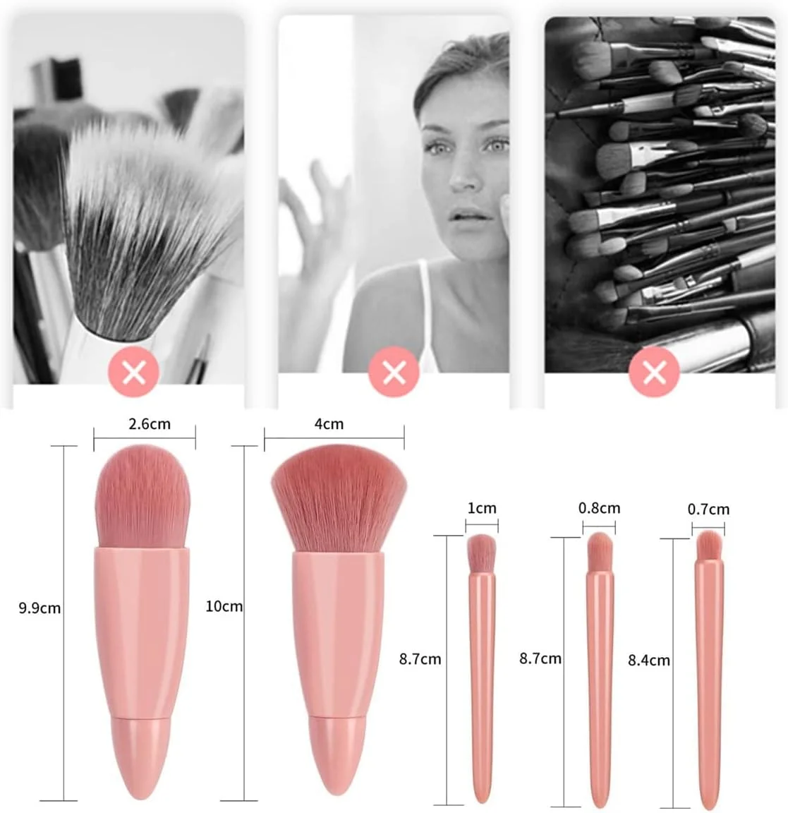 ست برس آرایشی مسافرتی MINISO، ست 5 عددی برس های آرایشی کوچک با عملکرد کامل به همراه آینه برای برس لب، برس کرم پودر، برس پودر ترکیبی، ست برس آرایشی کوچک صورت - چند رنگ