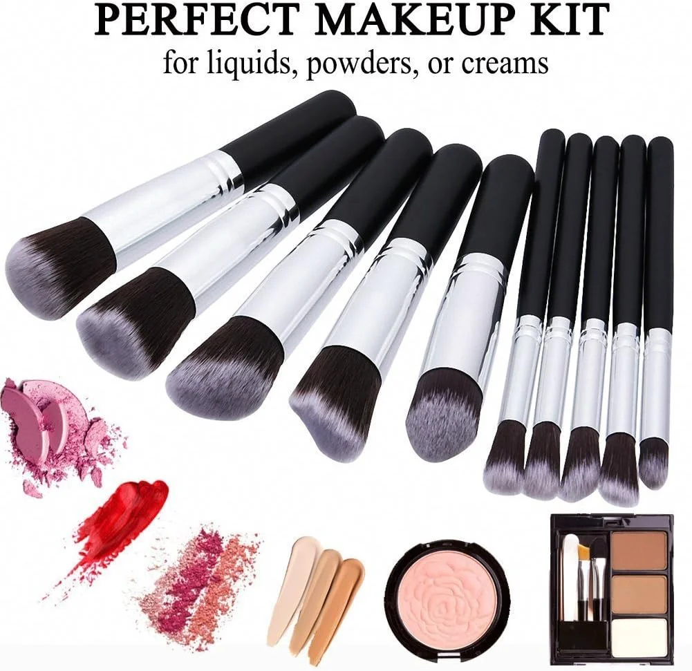 ست برس آرایشی میس اند مام، برس های کابوکی مصنوعی ممتاز برای کرم پودر، پودر صورت، رژگونه، سایه چشم، کیت برس آرایشی با اسفنج بلندر و تخم شوی برس (10+2 تکه، مشکی/نقره ای)