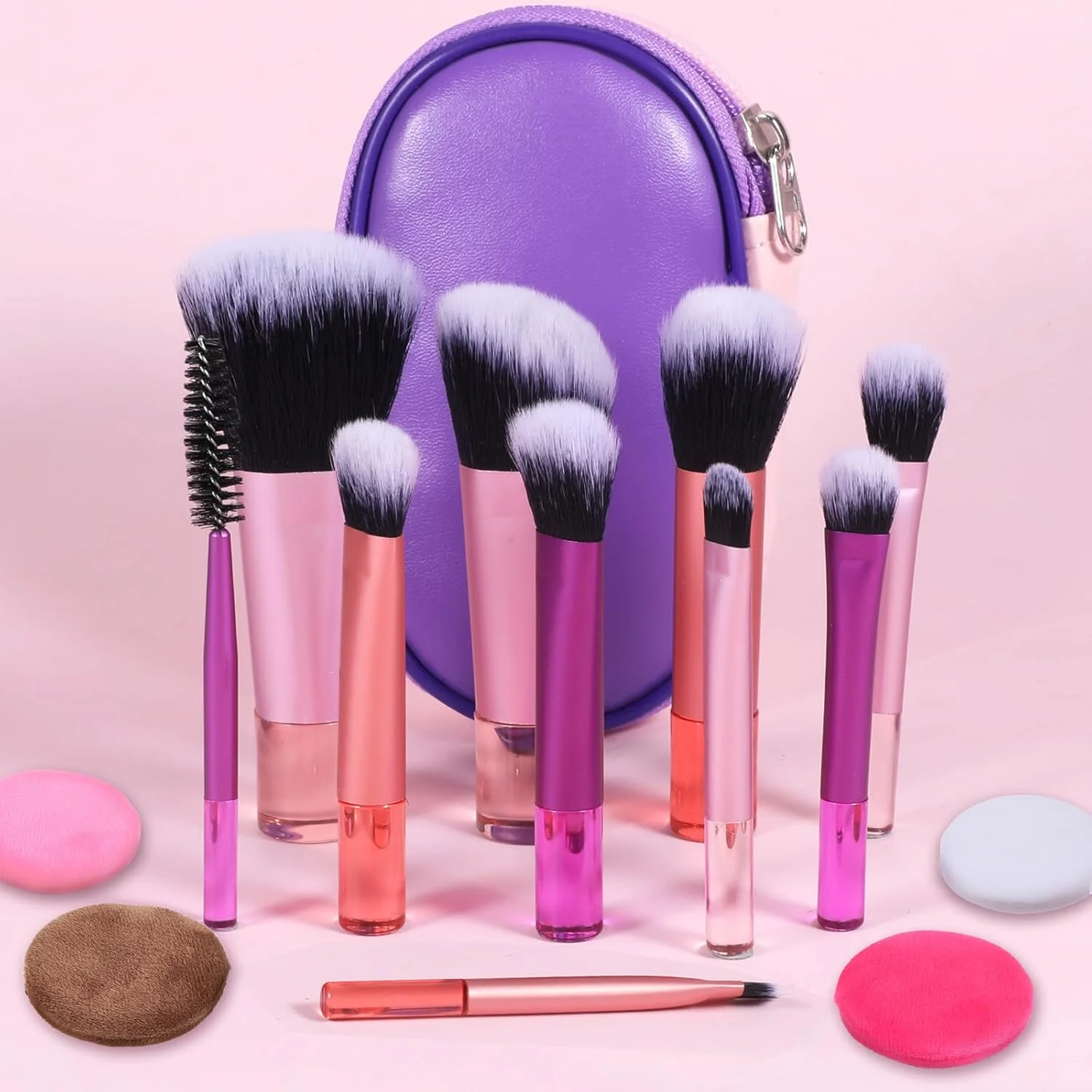 ست برس آرایشی مسافرتی کوچک با کیف، ست کامل لوازم آرایشی قابل حمل 14 تکه با پودر پفکی، برس آرایشی کوتاه، لوازم کوچک مسافرتی برای زنان و دختران، برس رژگونه، پودر سایه چشم