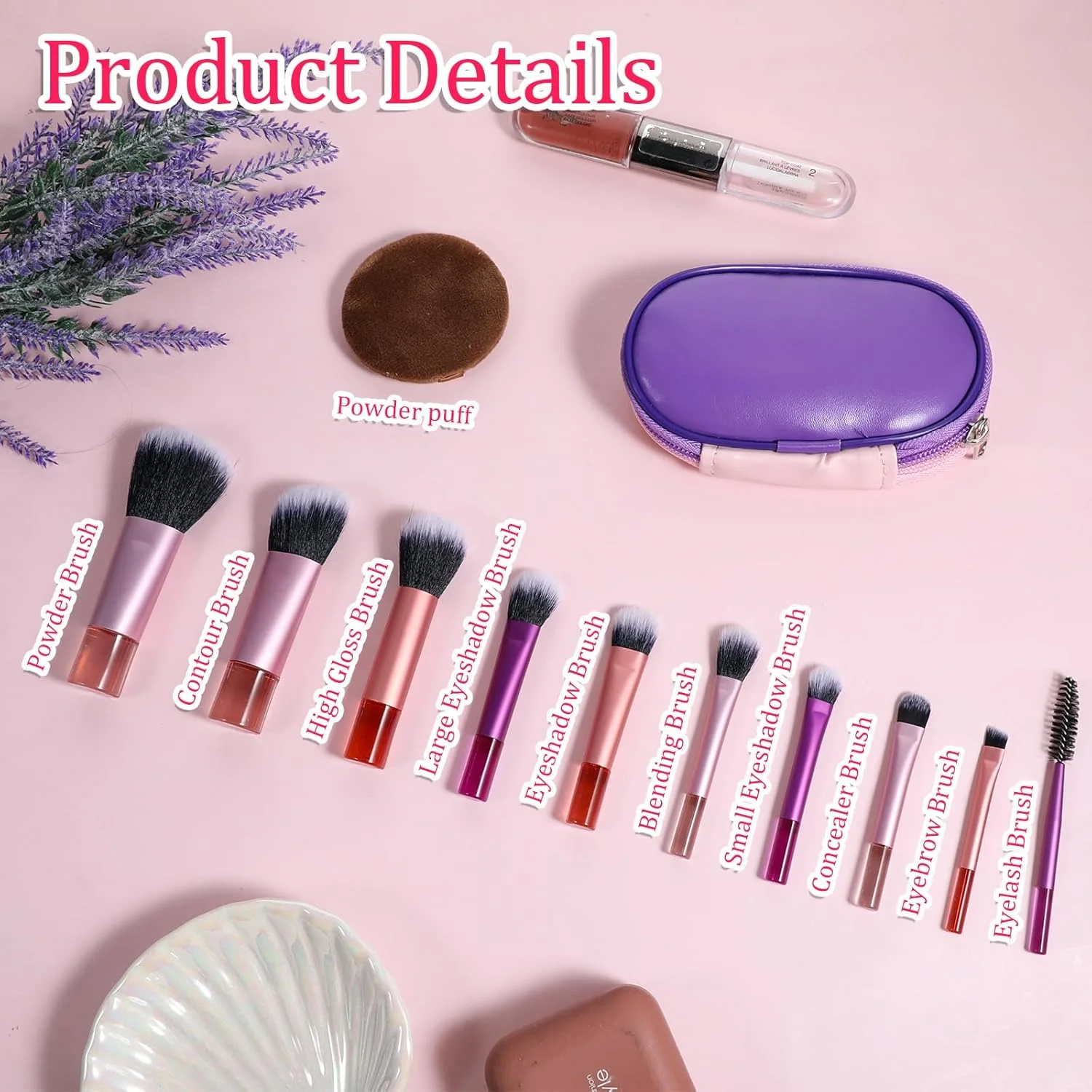 ست برس آرایشی مسافرتی کوچک با کیف، ست کامل لوازم آرایشی قابل حمل 14 تکه با پودر پفکی، برس آرایشی کوتاه، لوازم کوچک مسافرتی برای زنان و دختران، برس رژگونه، پودر سایه چشم