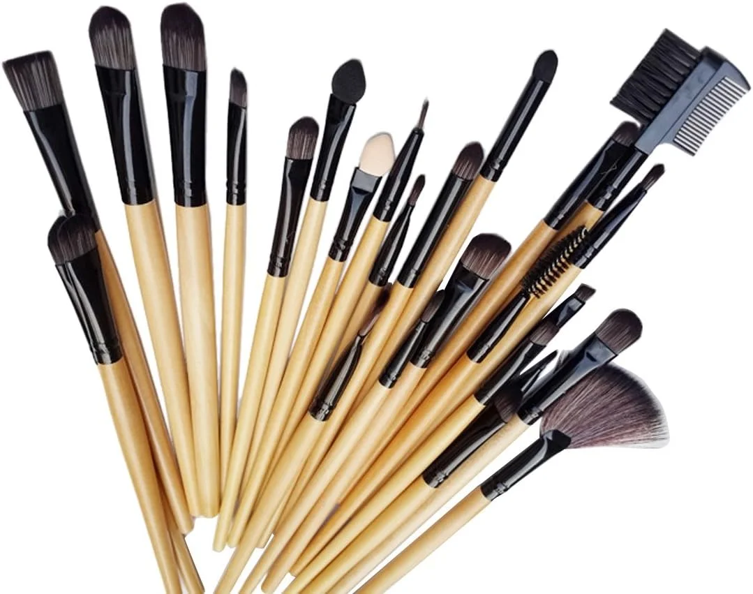 ست برس آرایشی 32 عددی با دسته چوبی رنگی، کیت زیبایی + کیف چرمی PU