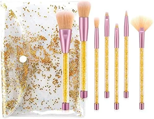 ست برس آرایشی 7 تکه دسته کریستالی شفاف، اکلیل شناور، قطعات الماس، دانه های رژگونه، کانسیلر، برس سایه چشم (رنگ: طلایی)