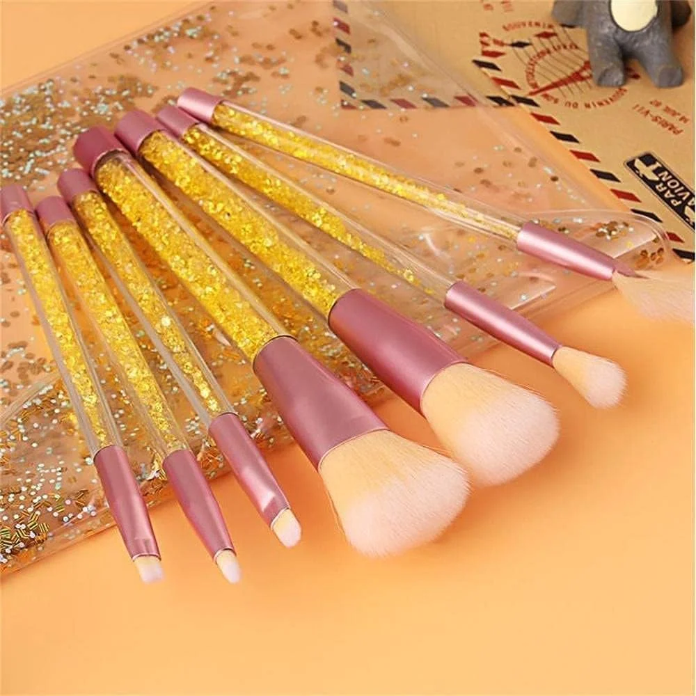 ست برس آرایشی 7 تکه دسته کریستالی شفاف، اکلیل شناور، قطعات الماس، دانه های رژگونه، کانسیلر، برس سایه چشم (رنگ: طلایی)