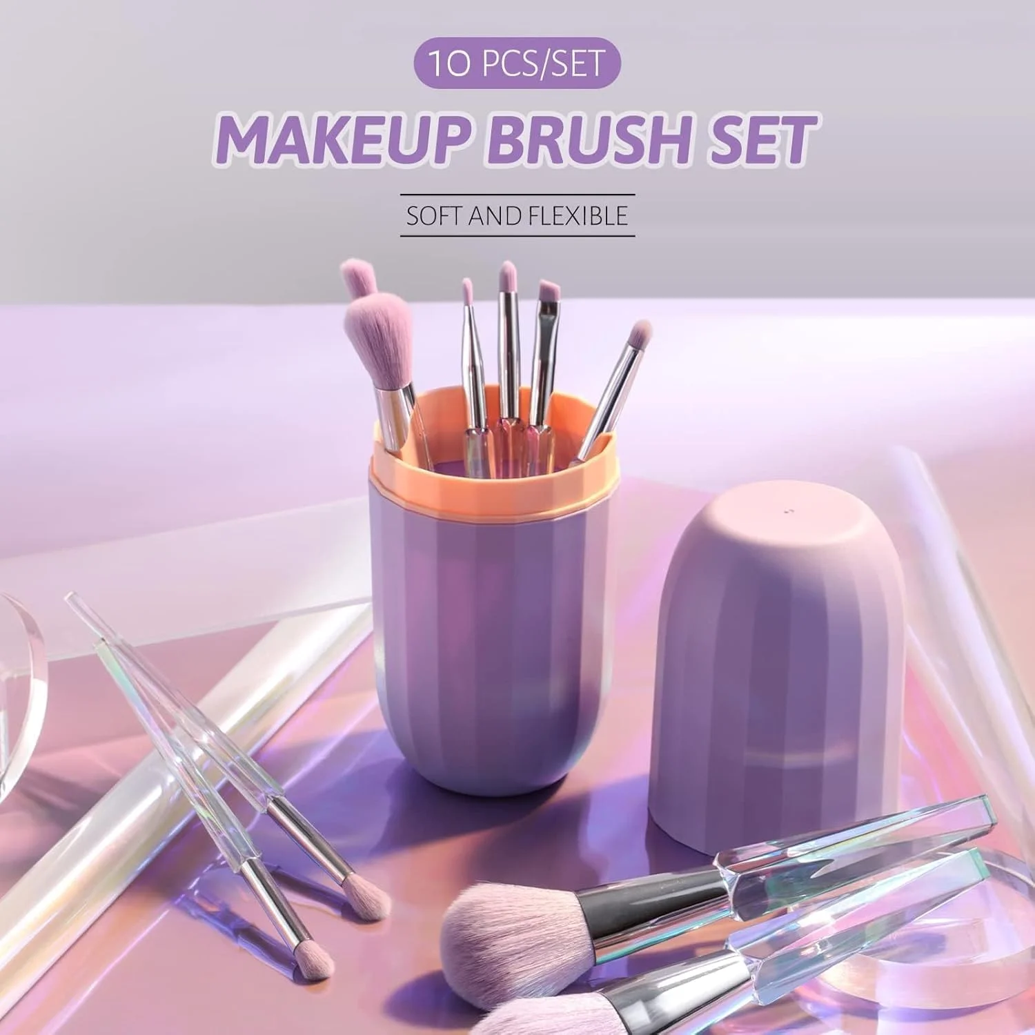 ست برس آرایشی، کیت برس آرایشی با موهای مصنوعی درجه یک، مناسب برای کرم پودر، ترکیب، پودر صورت، رژگونه، کانسیلر، سایه چشم، ست برس آرایش با جعبه هدیه (10 عدد، دسته کریستالی)