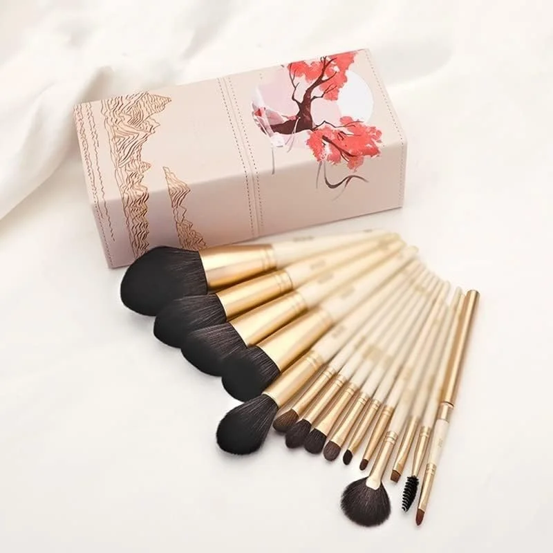 ست برس آرایشی شامل برس کرم پودر، پودر، کانتورینگ، مژه، سایه چشم، ترکیب کننده، موی طبیعی، آرایش حرفه ای