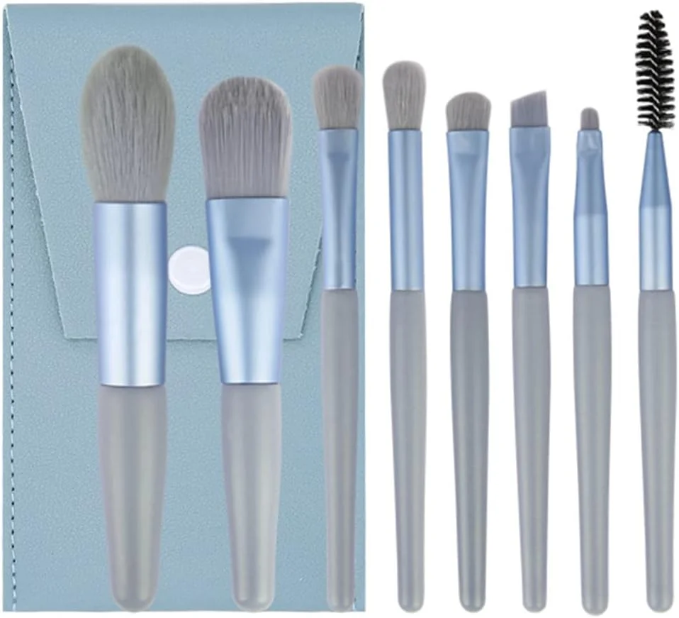 ست برس آرایشی، کیت برس آرایشی مسافرتی 8 تکه با کیف، برس های کوچک لوازم آرایشی برای کرم پودر صورت، رژگونه و سایه چشم